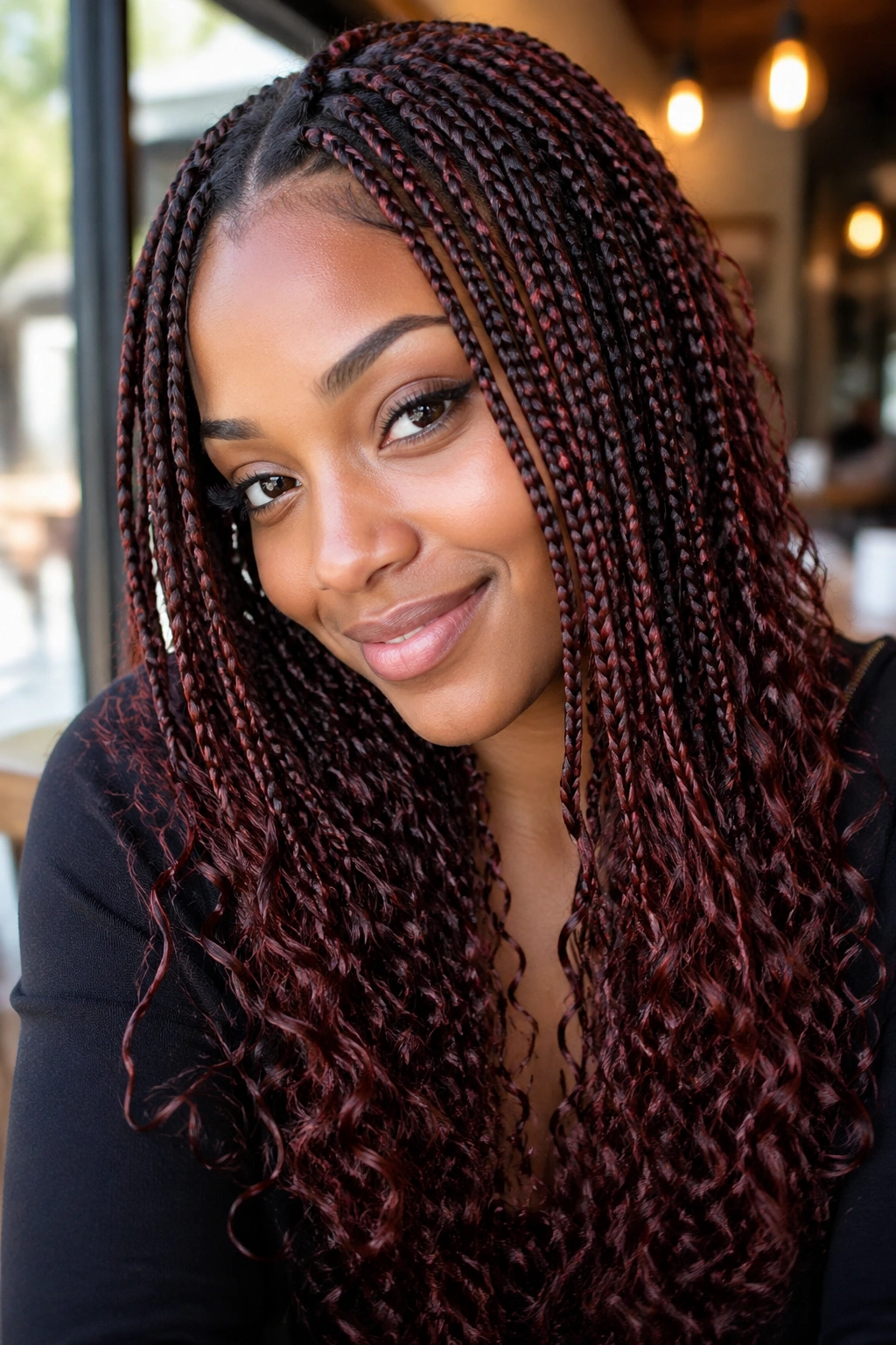 Close-up of boho brown and red box braids with curly ends on a real person