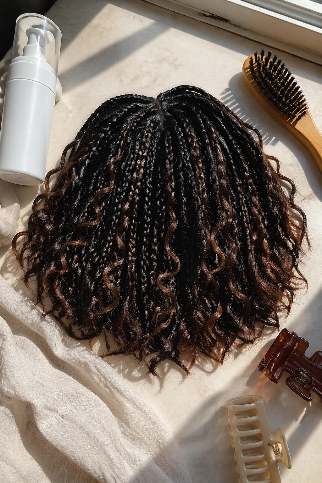 Boho bob braids with loose curly strands laid out flat.