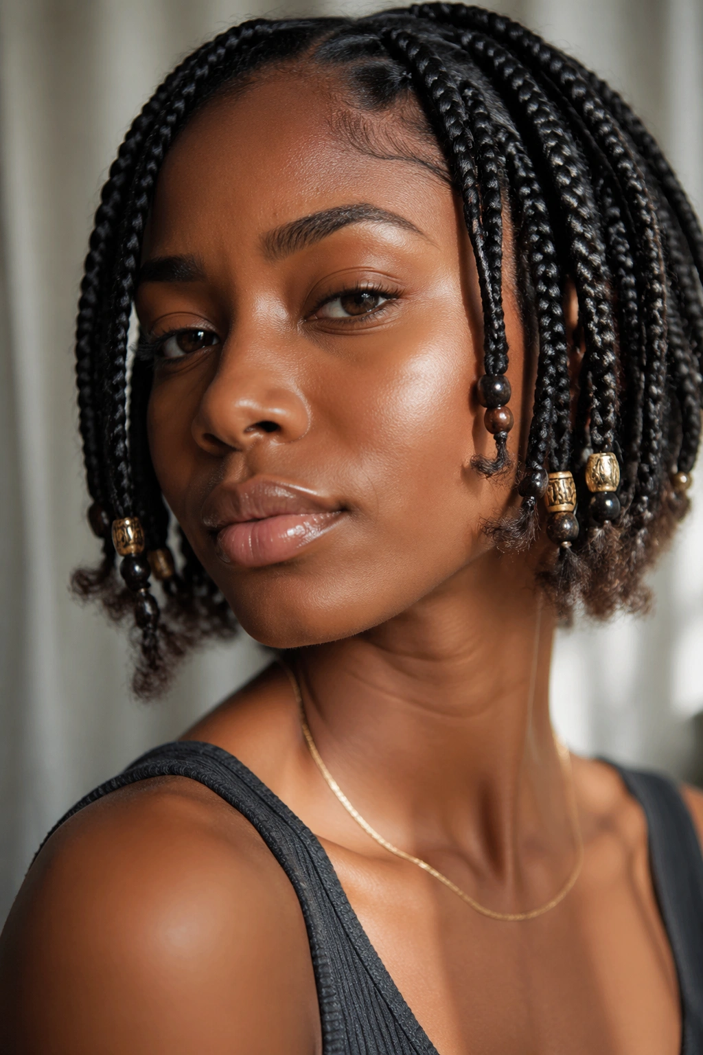 Real person with short boho braids showing frizz and a calm expression