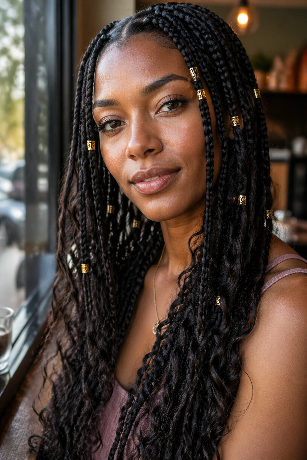 Close-up of long boho box braids with gold cuffs on a real person.