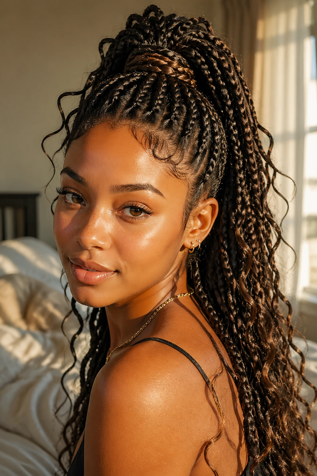 Close-up portrait of a real woman with a high ponytail of long boho box braids.