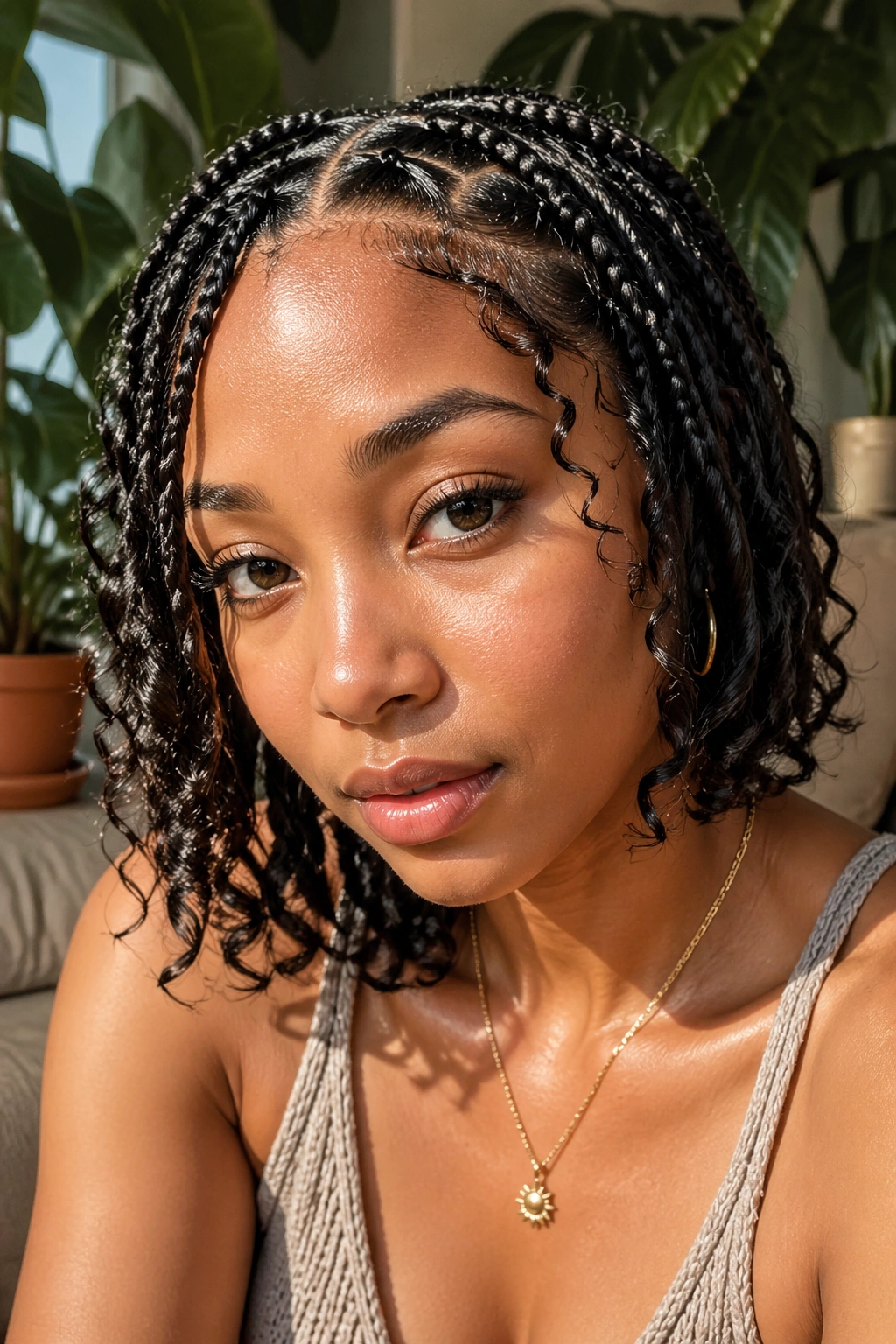 Close-up of boho short box braids with loose curls on a real person in a living room