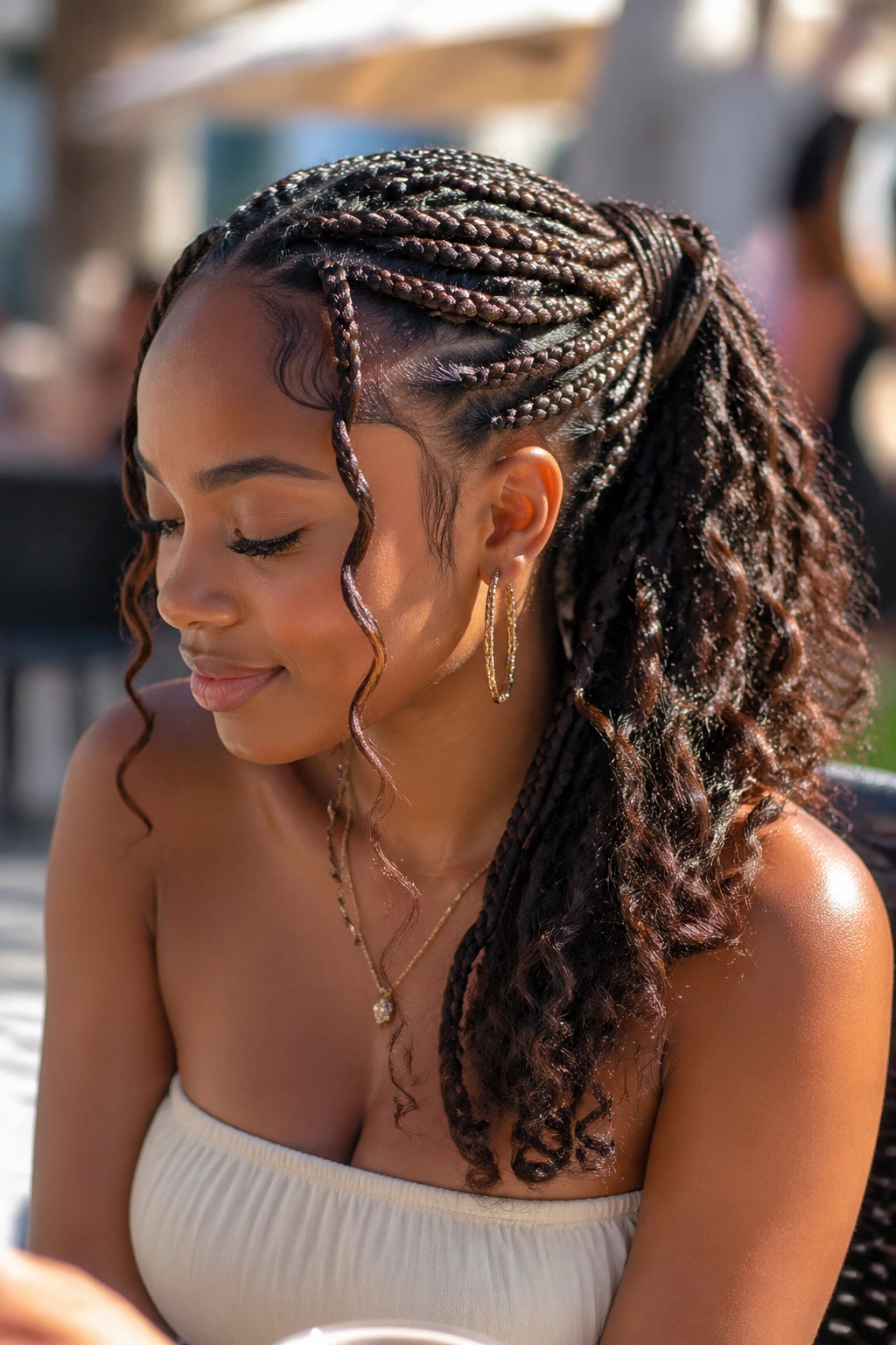 Medium close-up of a real woman with boho braids and loose curls in an outdoor cafe light