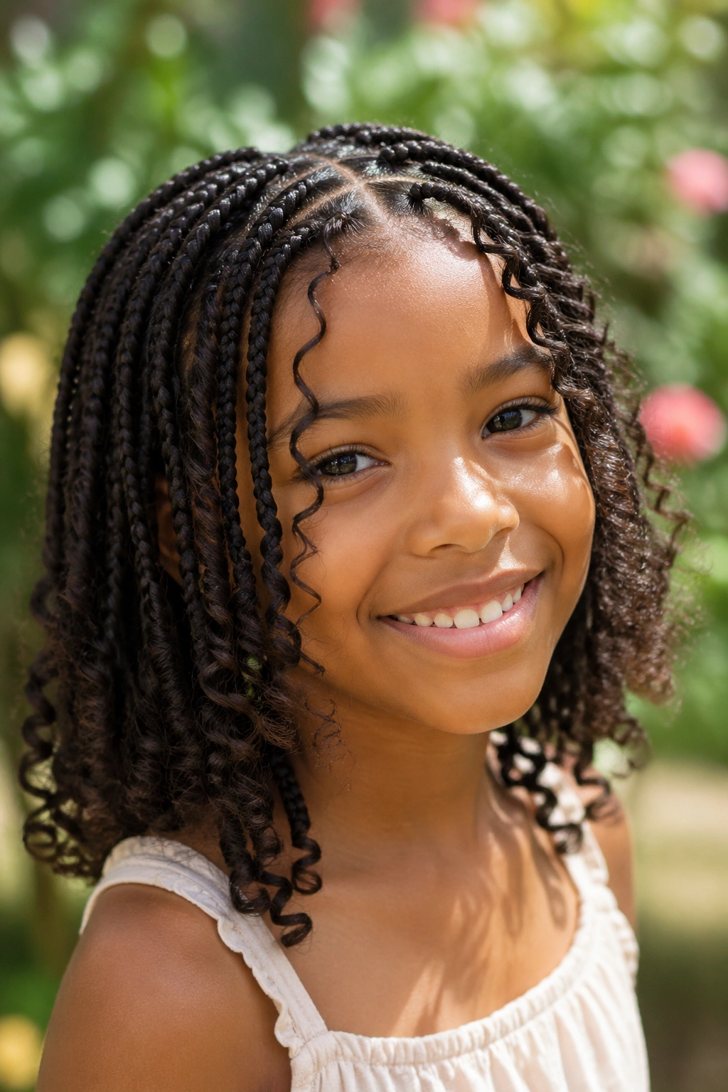 Close-up of boho box braids with loose curls on a child