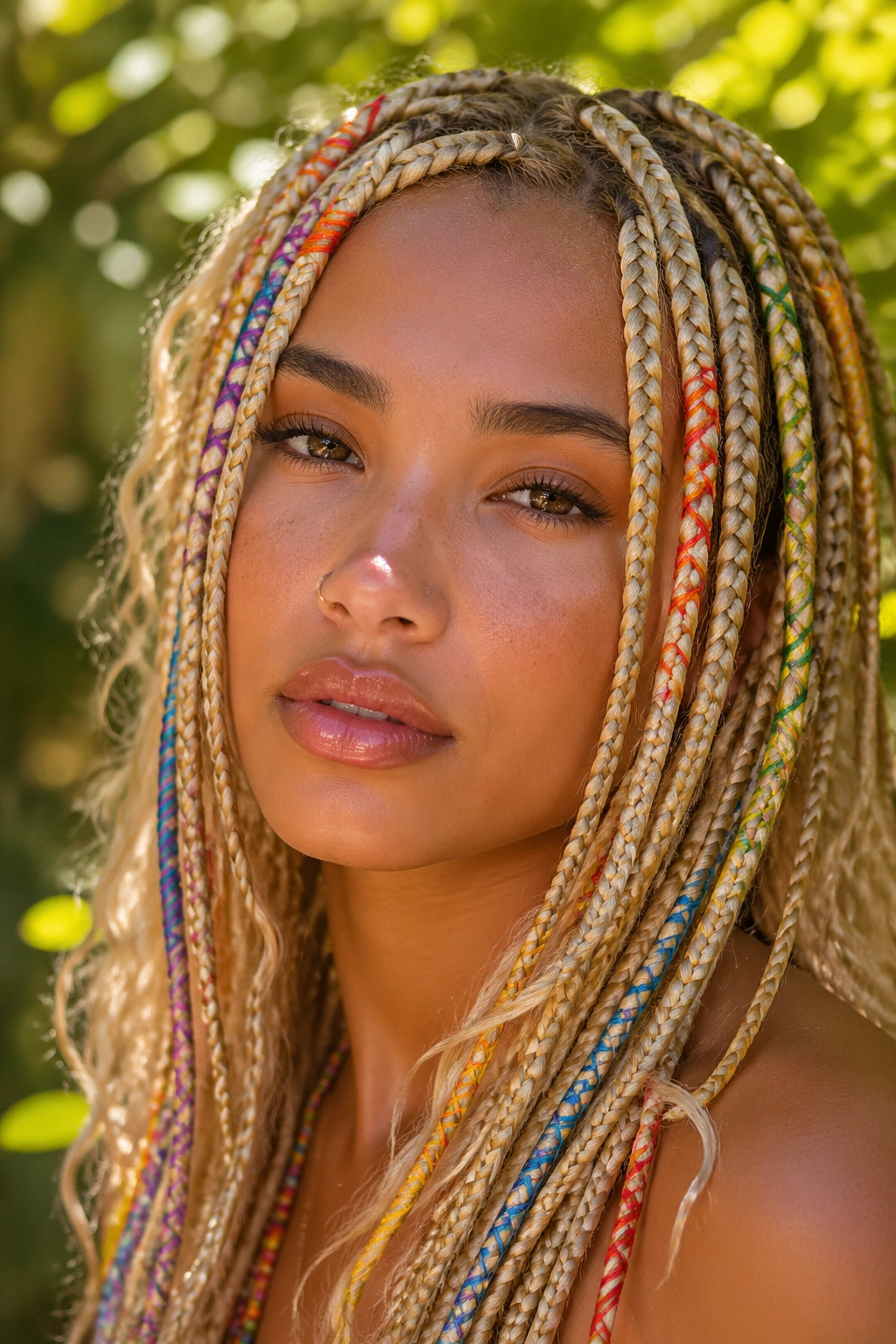 Close-up of blonde boho box braids wrapped with rainbow thread on a real person