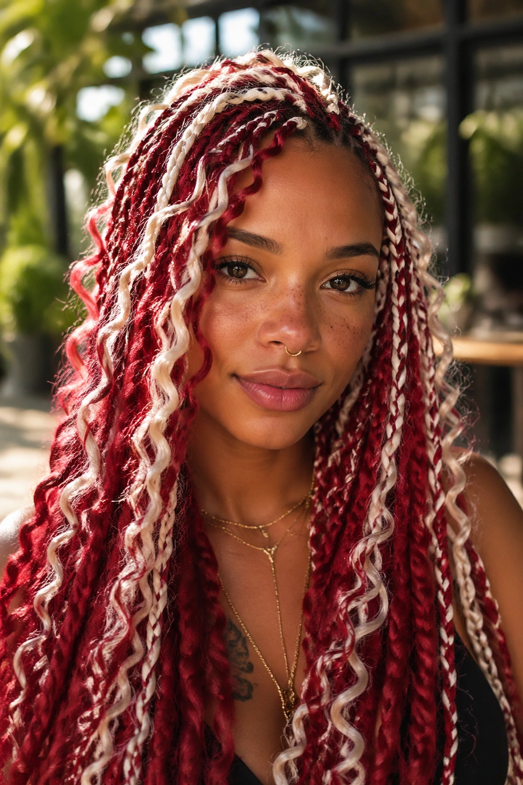 Real woman wearing boho red and white box braids with loose curls framing the face