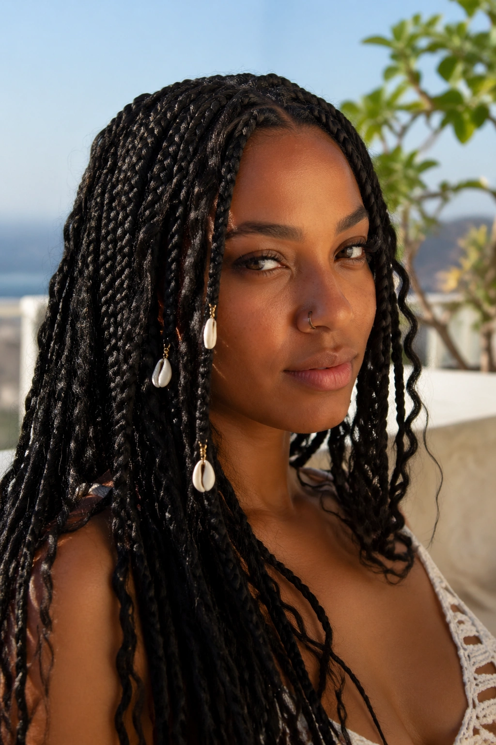 Close-up of long boho box braids with shell beads on a real person.