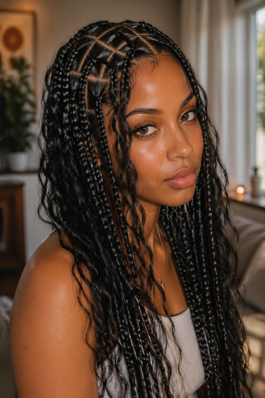 Close-up of a real woman with Boho Triangle-Part Box Braids With Loose Texture Built In