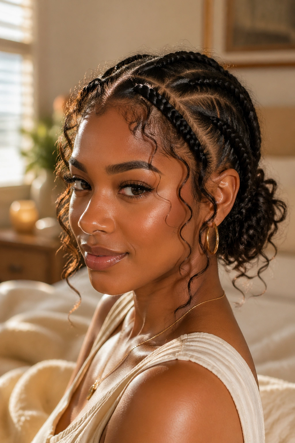 Close-up of a real woman with a boho bun formed from loose cornrows and curly wisps in a warm bedroom setting.