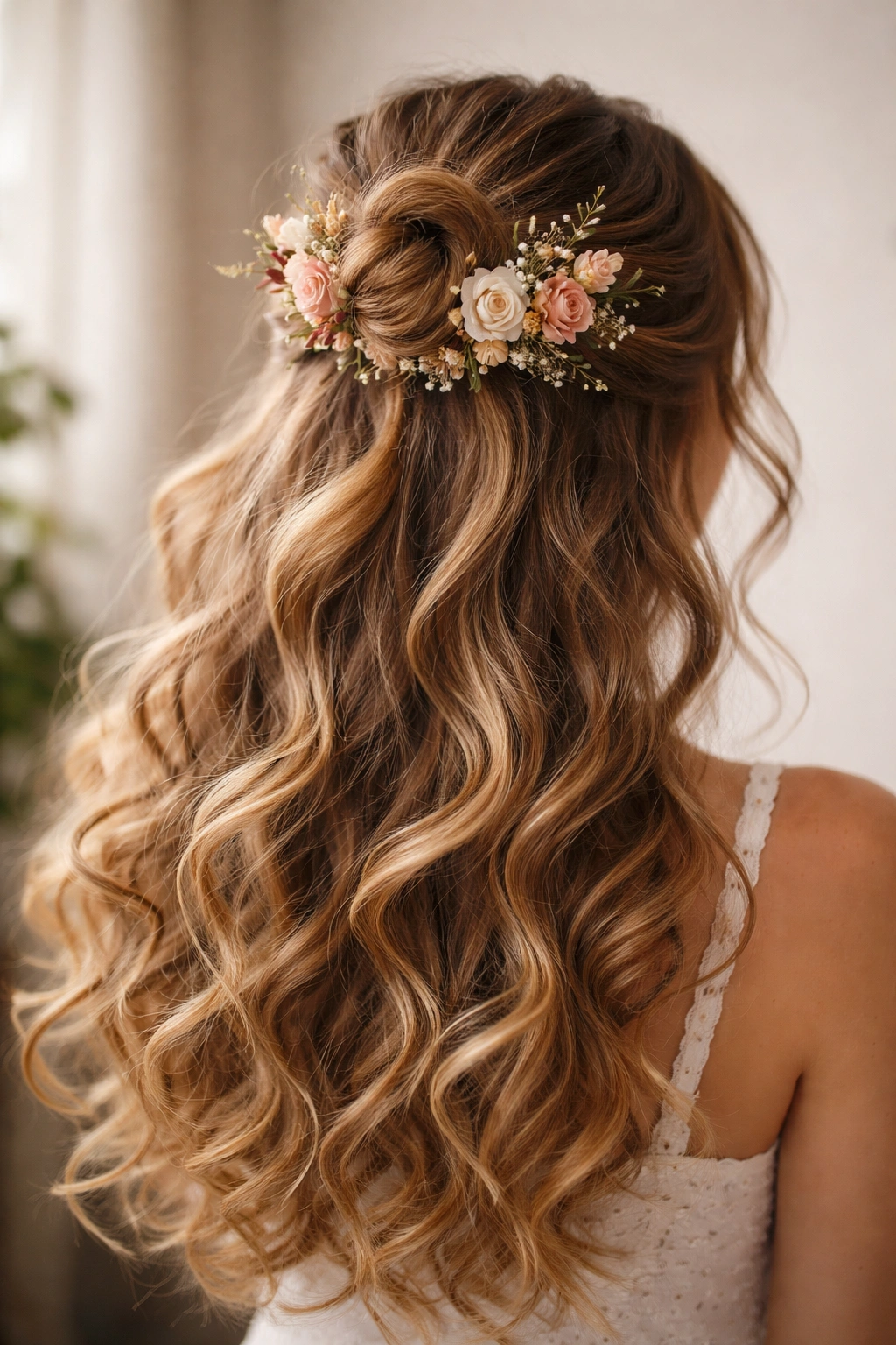 Boho-chic half-up bun with floral accents and flowing curls
