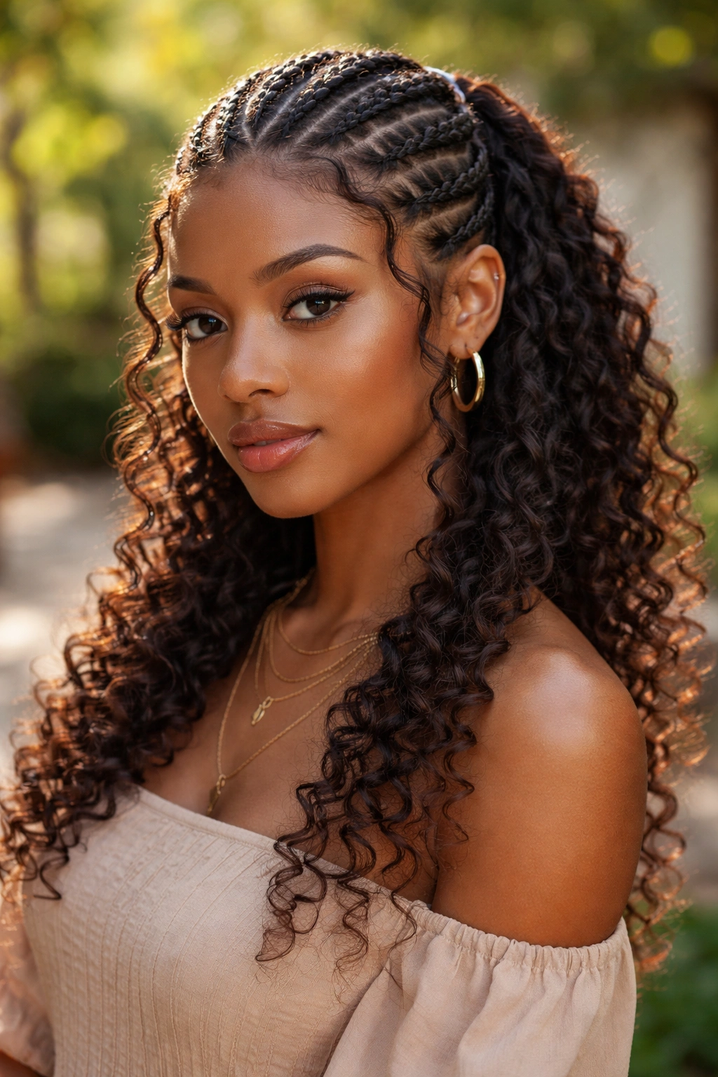 Boho cornrows with curly pulled-out pieces on a real woman.