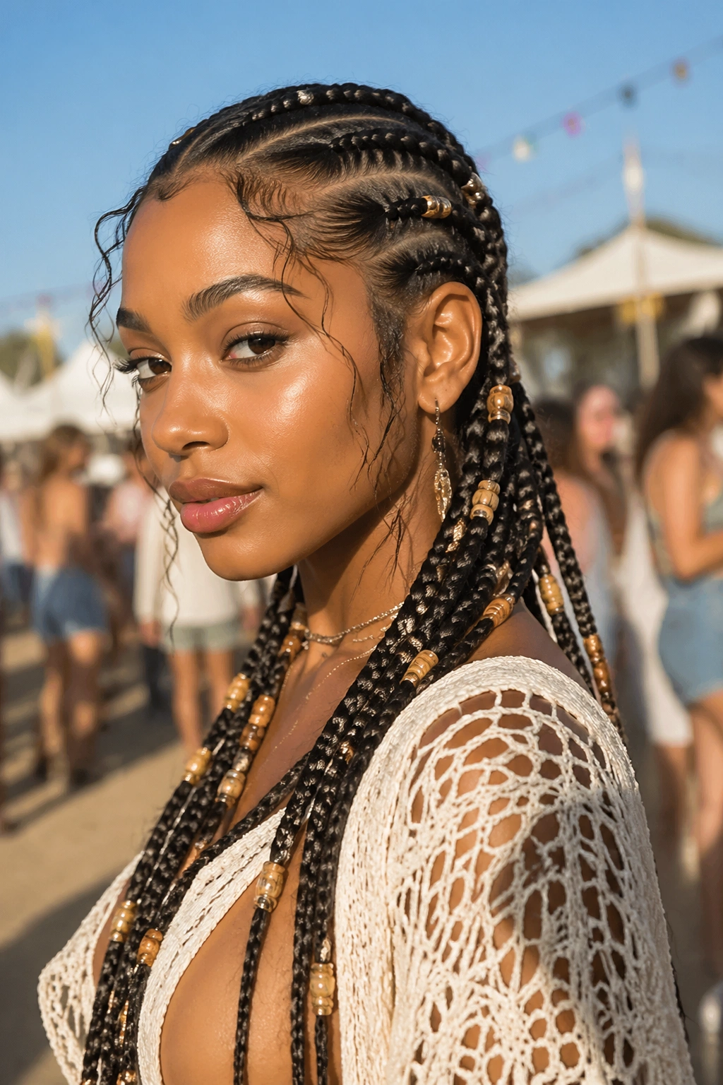Real woman with boho scattered bead feed-in cornrows outdoors