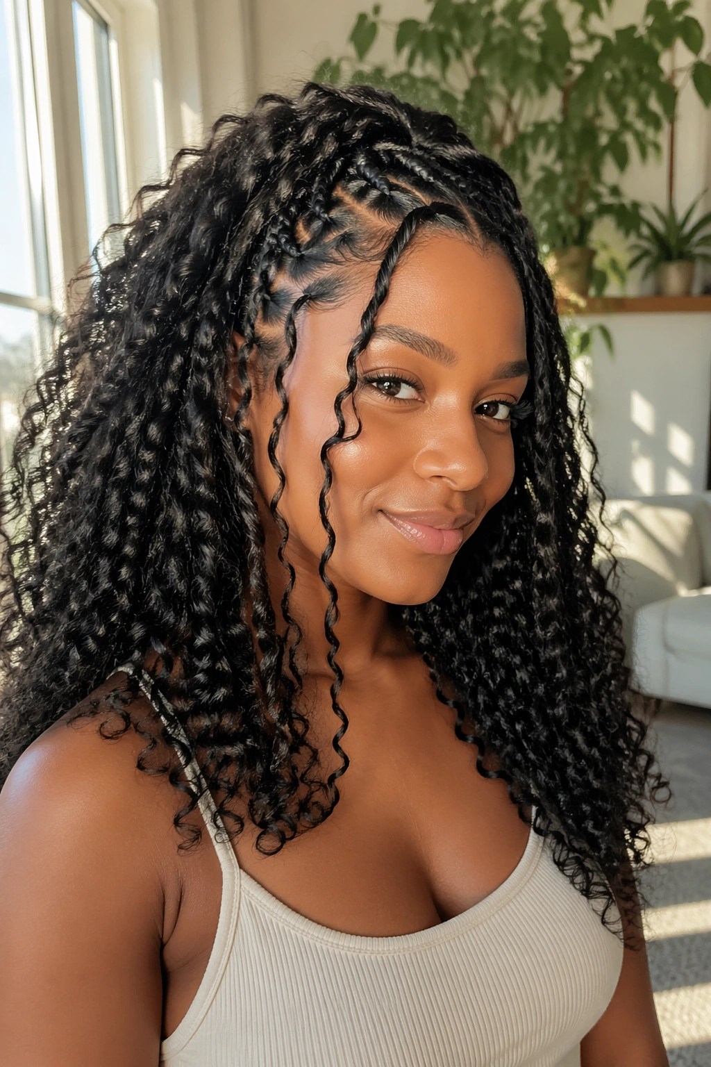 Close-up portrait of a real woman wearing boho crochet curls with loose face-framing pieces.