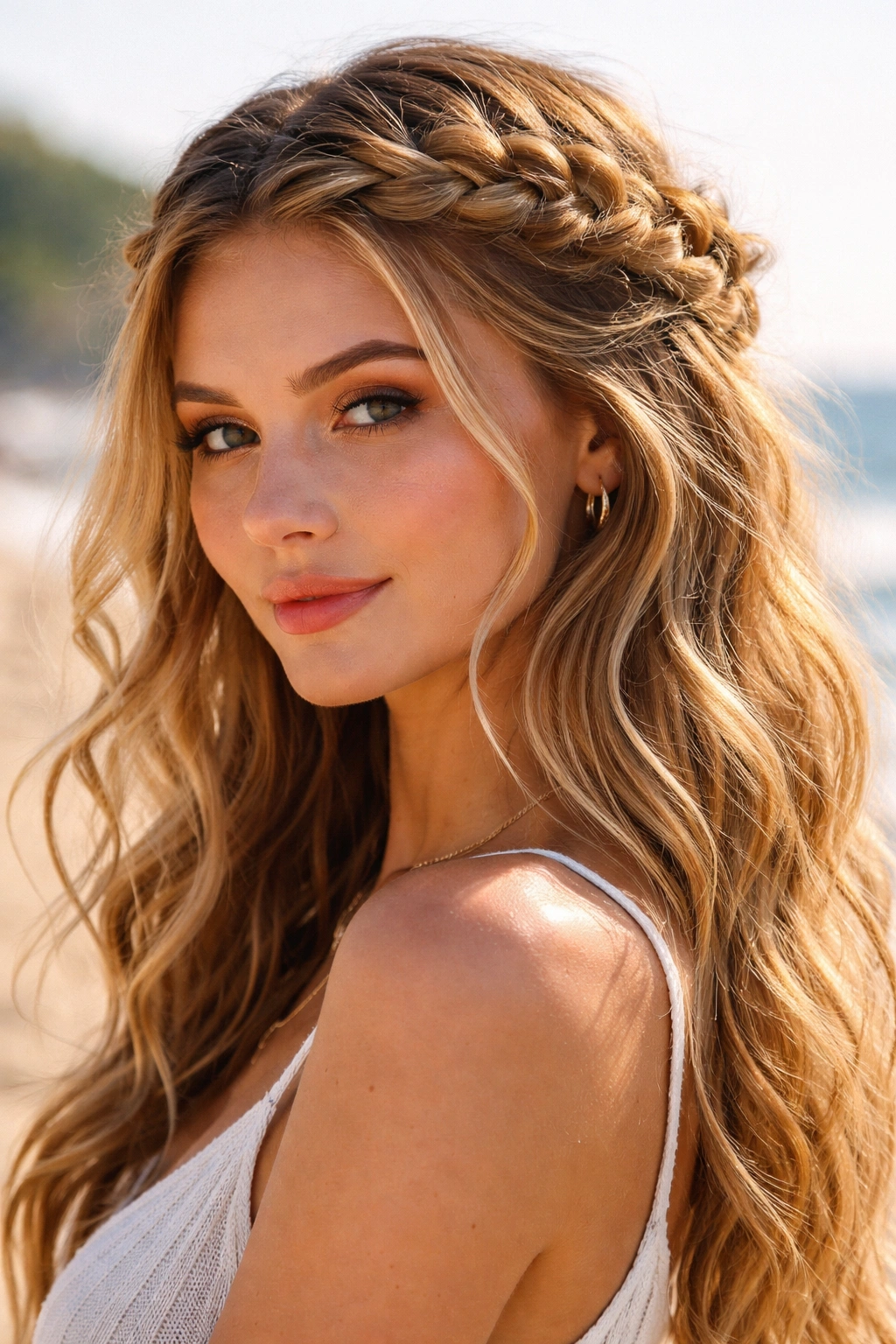 Close-up of a real woman with a boho crown braid on a sunny beach
