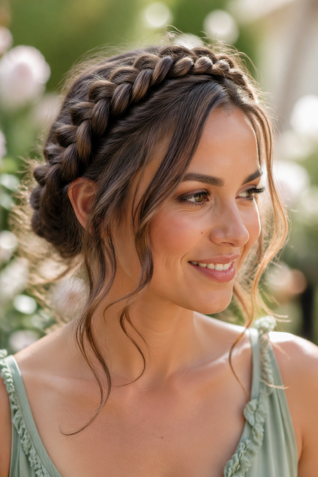 Close-up portrait of a real woman with a loose boho crown braid in an outdoor garden setting