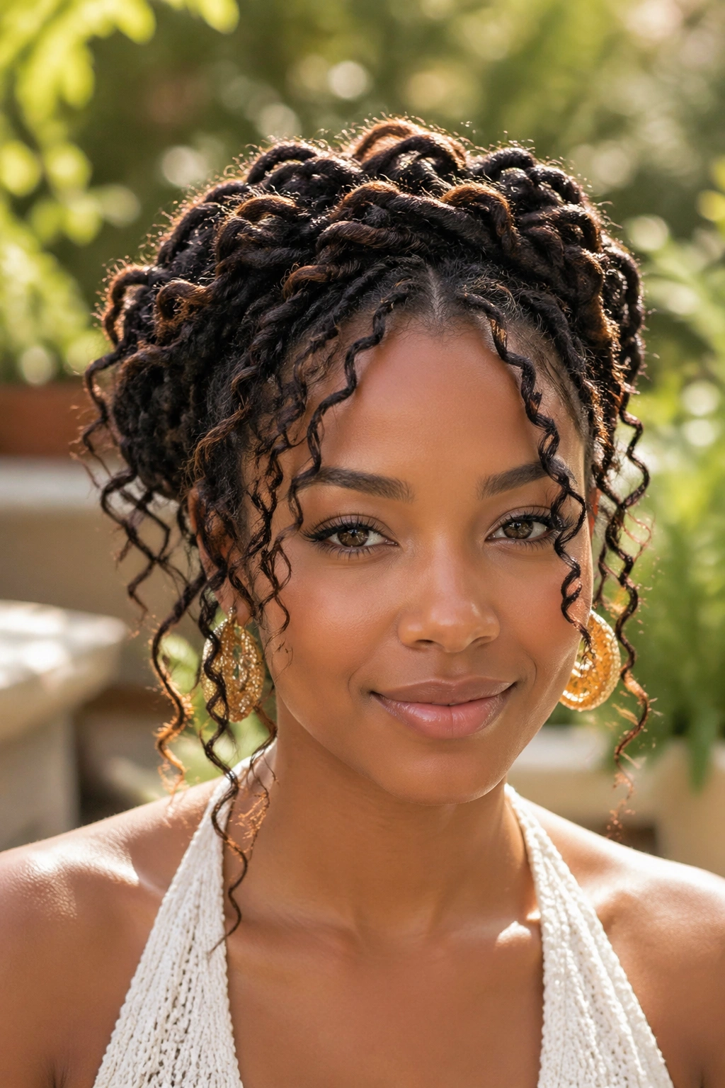 Real person wearing crown locs with curly tendrils framing the face.