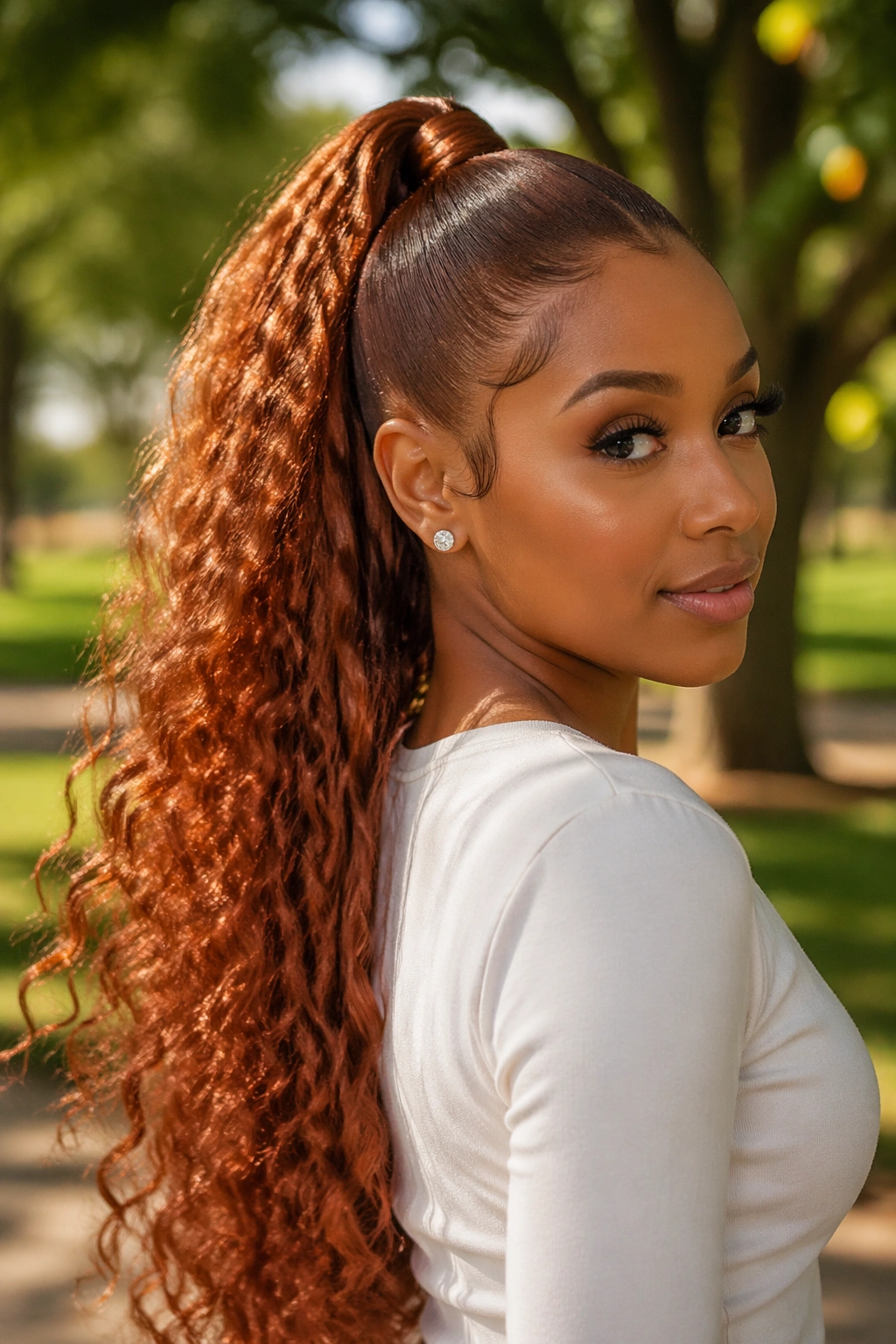 Close-up of a real Black woman with copper ponytail and boho curls