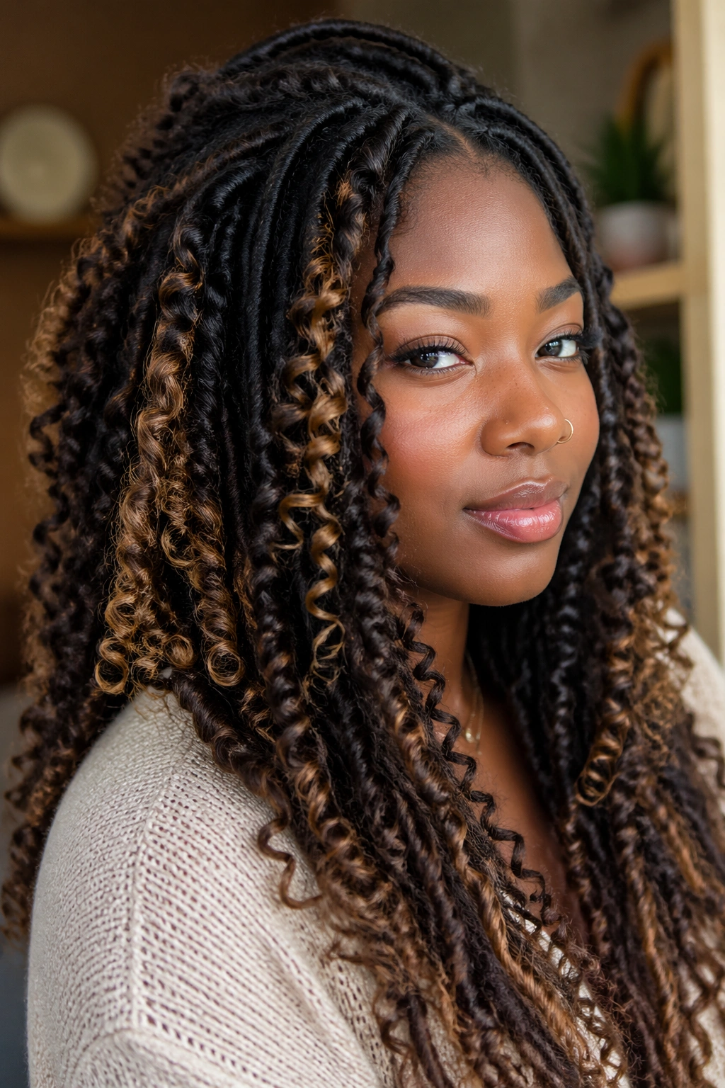 Close-up of a real woman's head with boho curl crochet additions in locs, curls filling the frame