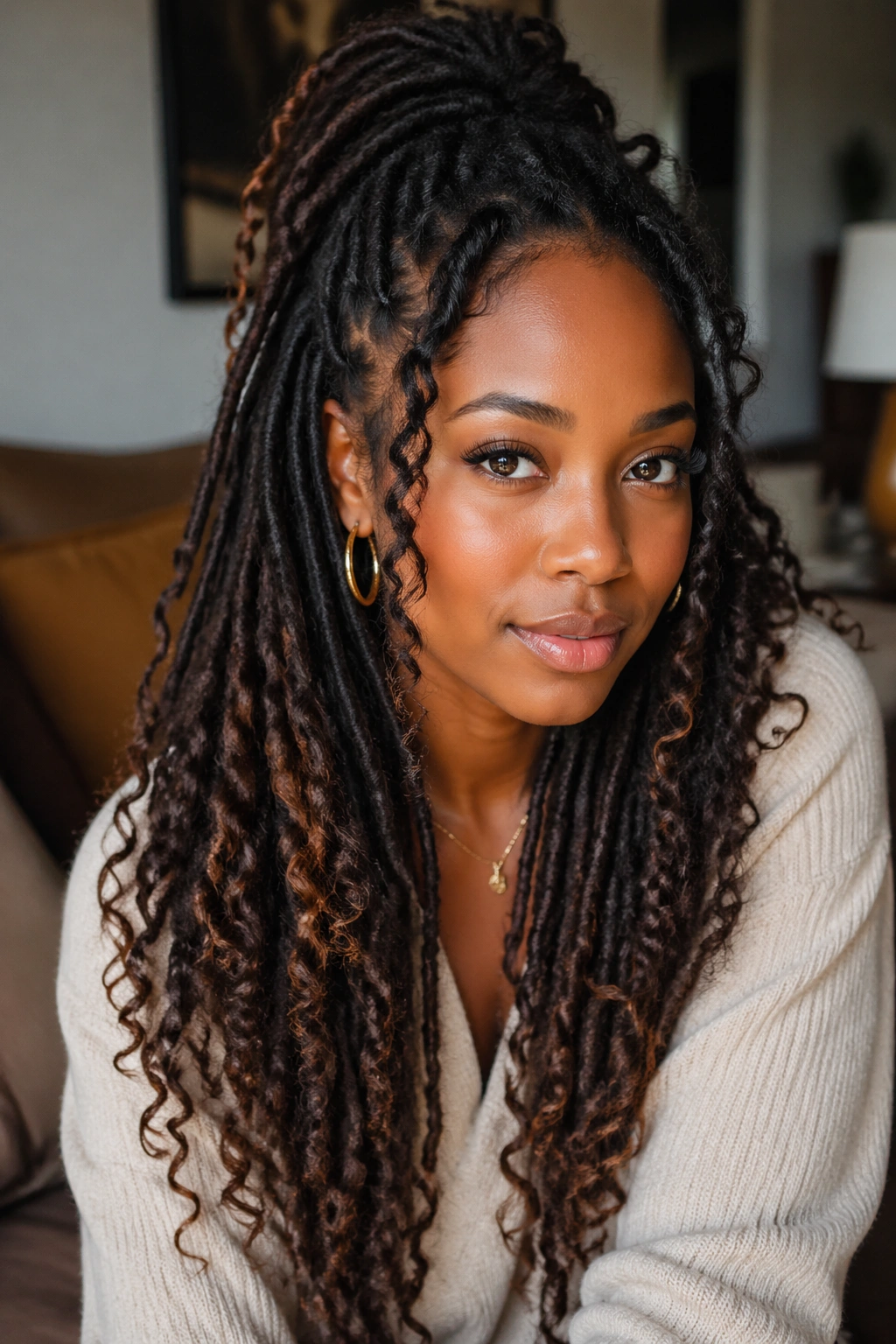 Portrait of a person with boho curl fibers woven into locs.