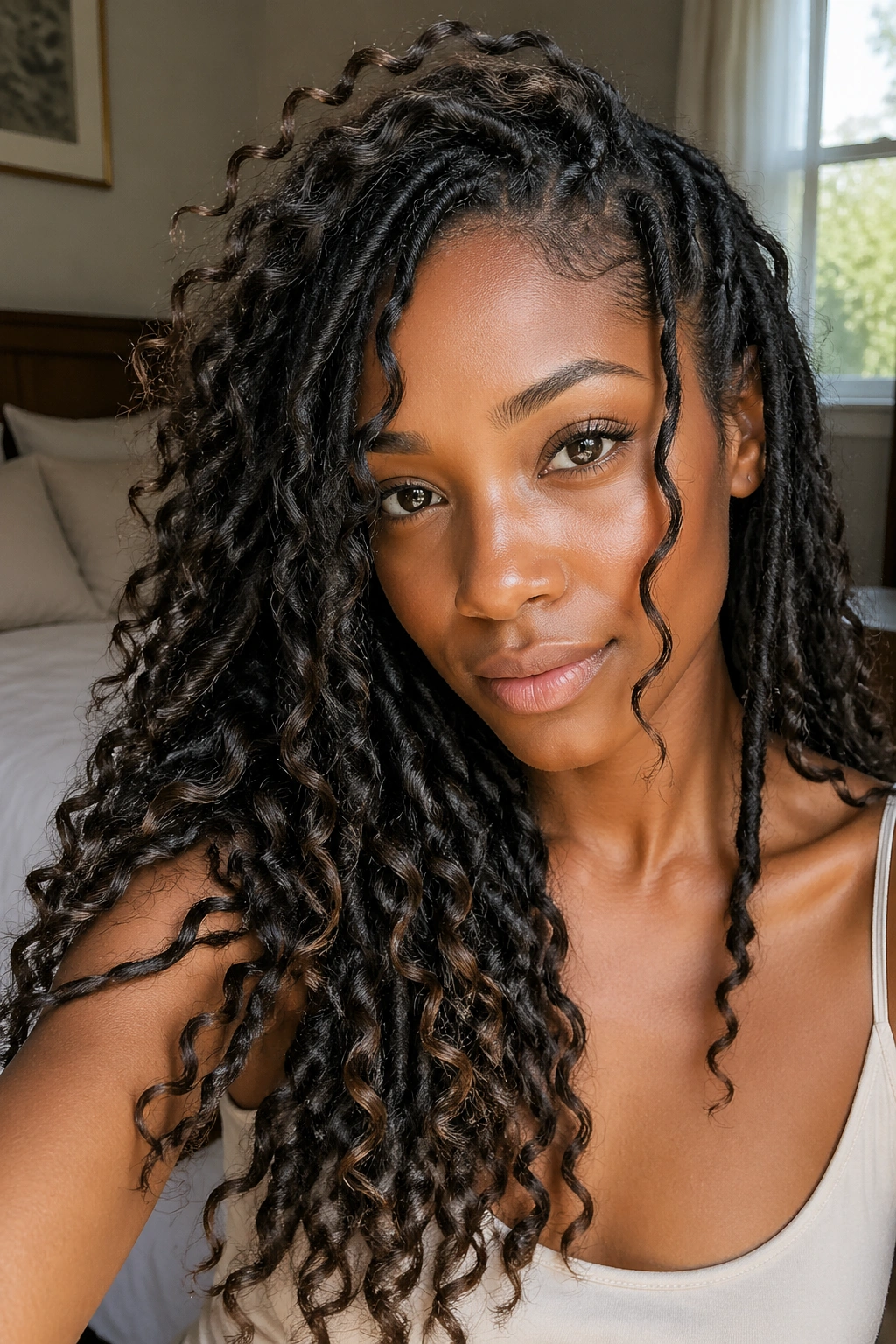 Close-up of a real woman with locs and boho curls, texture contrast.