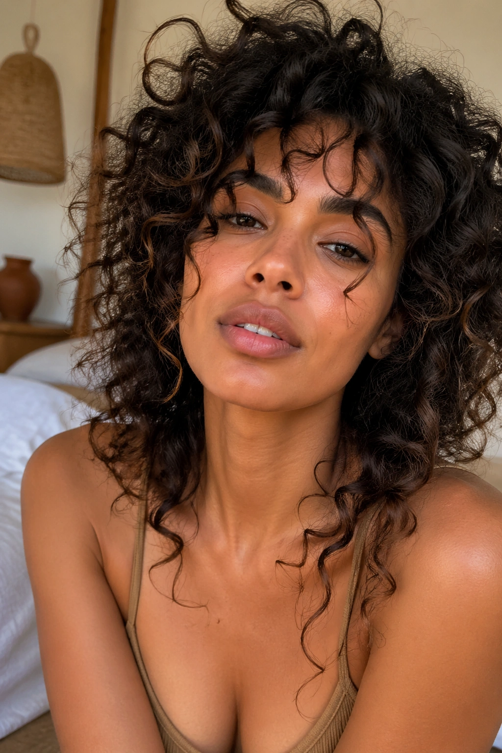Close-up portrait of a real woman with loose boho curls in warm natural light