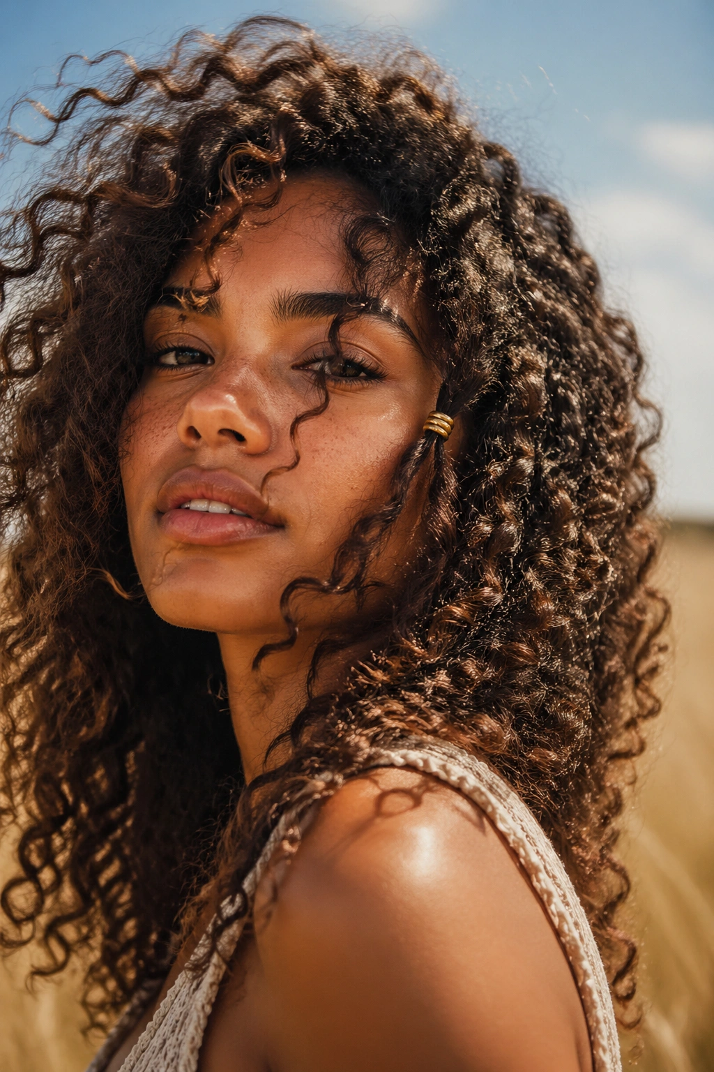 Close-up of a real woman with wild curls and a single gold hair ring detail outdoors.