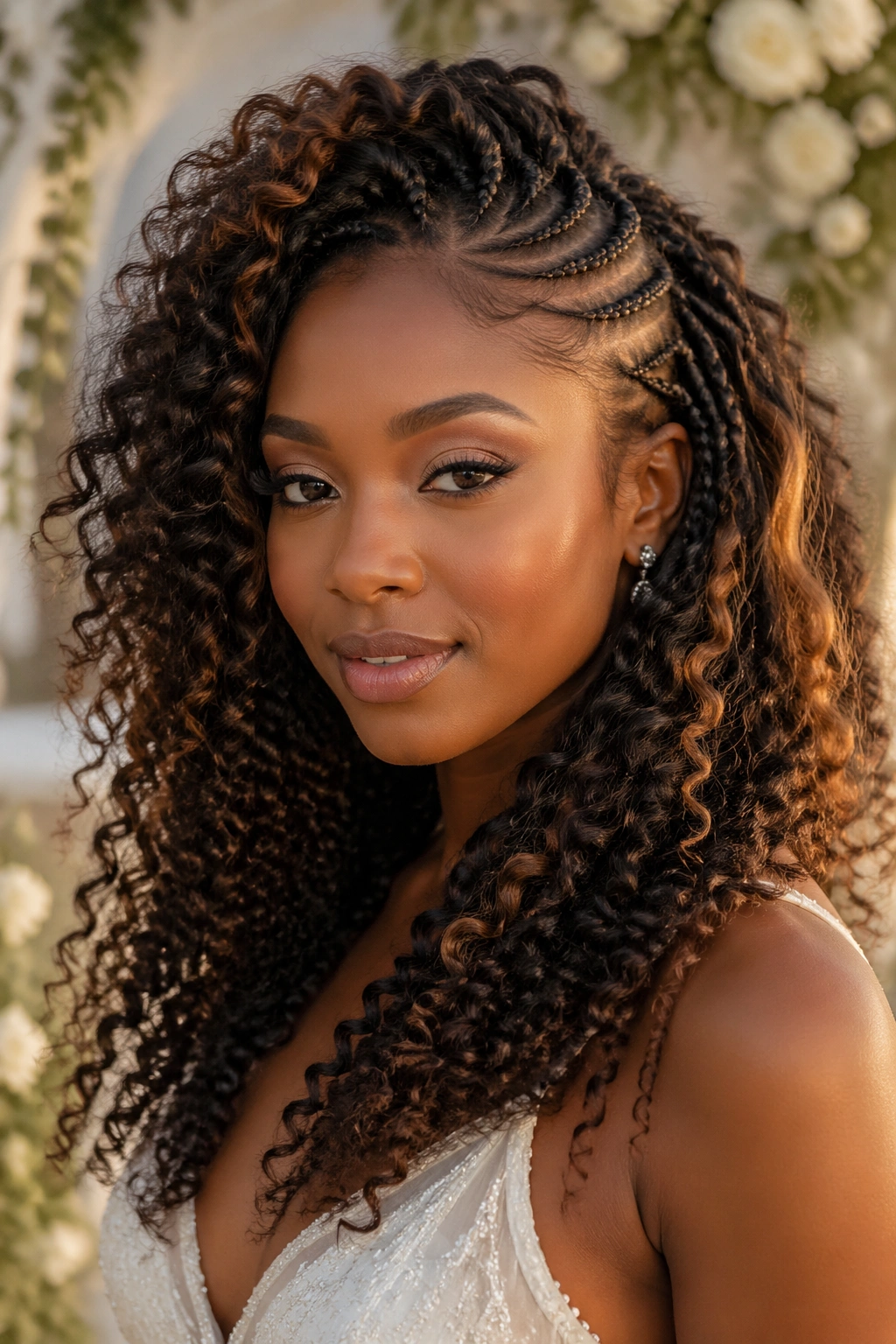 Close-up of real woman with boho curly crochet hairstyle in outdoor garden setting