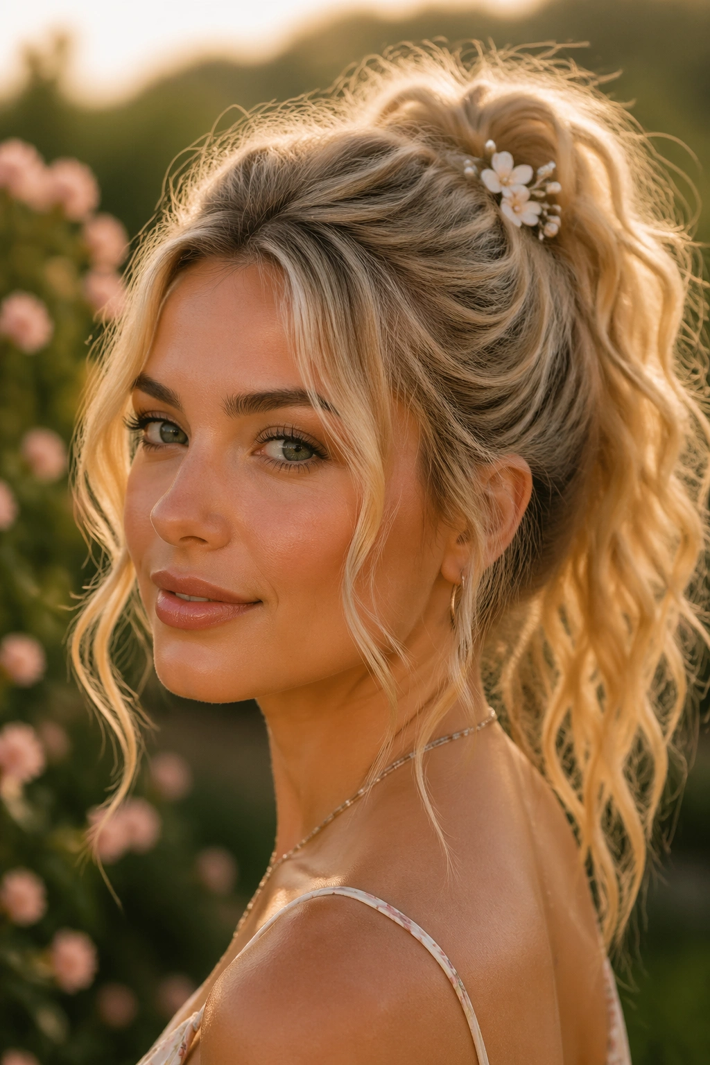 Real woman with boho face-framing blonde ponytail in a garden at golden hour