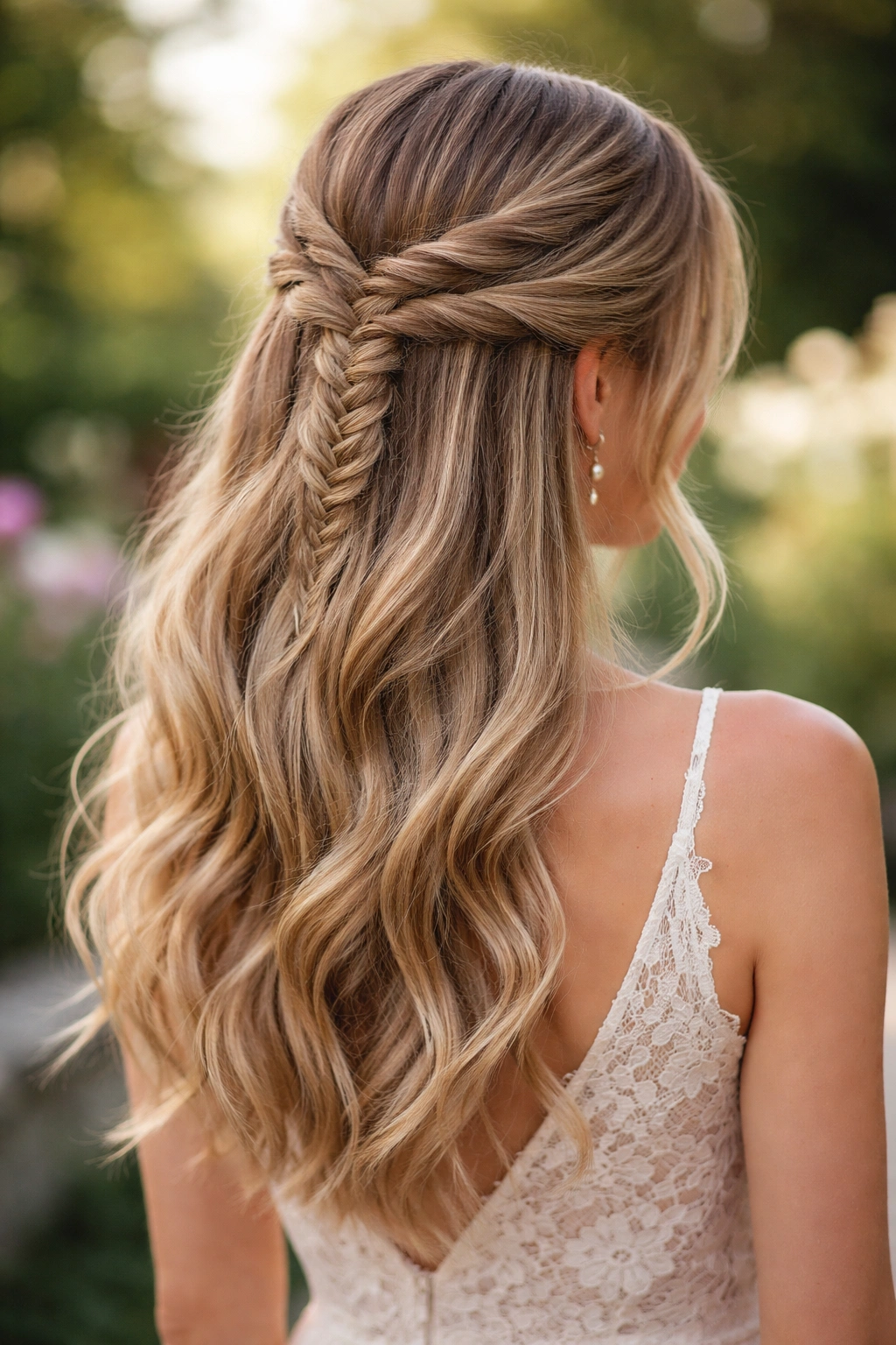 Close-up of boho fishtail half-up hairstyle on a real woman