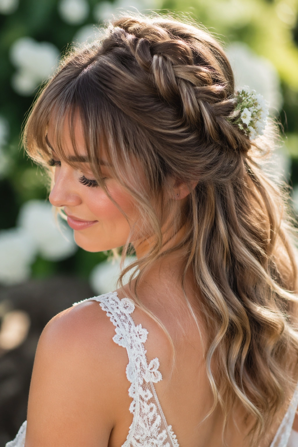 Portrait of bride with boho fishtail half-up and airy bangs outdoors