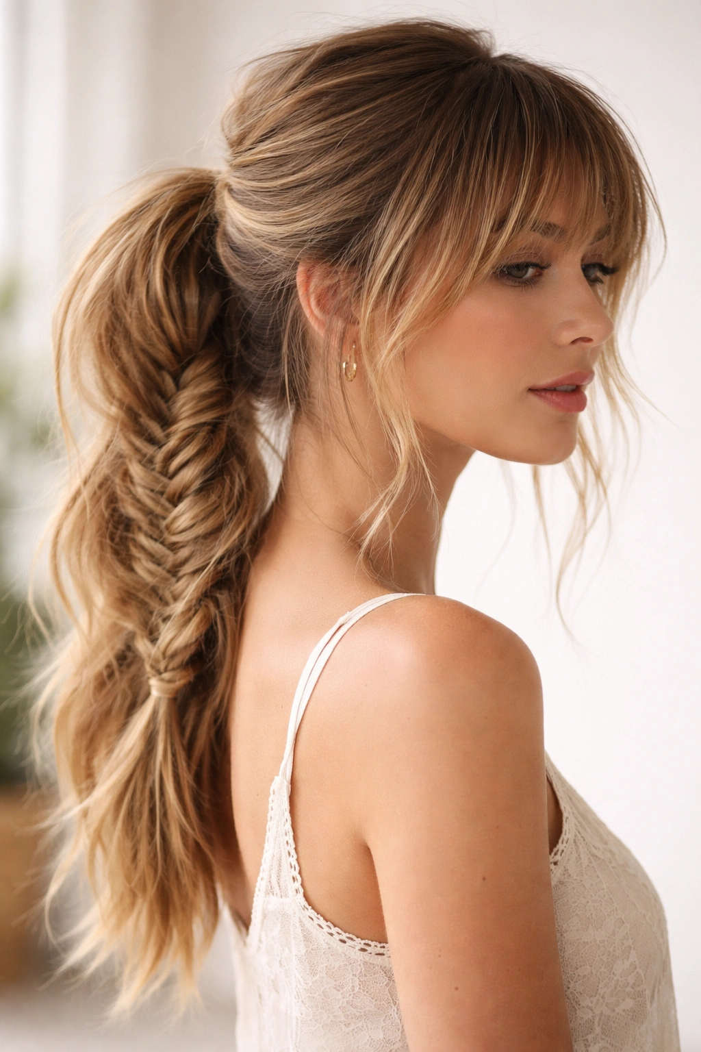 Relaxed boho fishtail ponytail with choppy bangs.