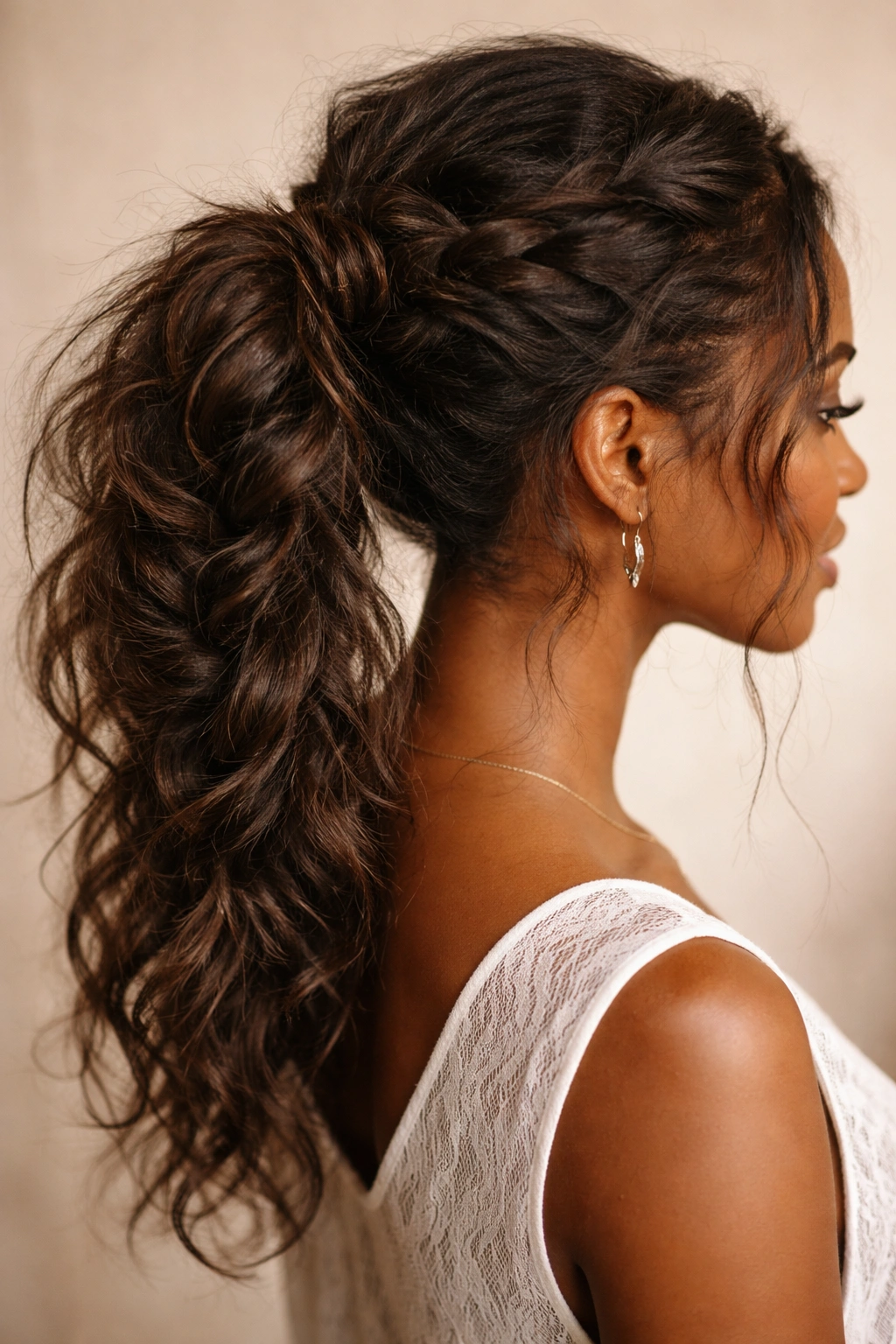 Messy boho French braid ponytail with texture and flyaways