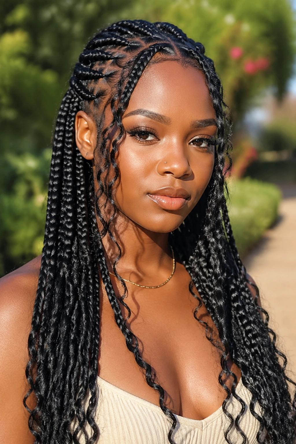 Close-up of Boho Fulani box braids with loose curls