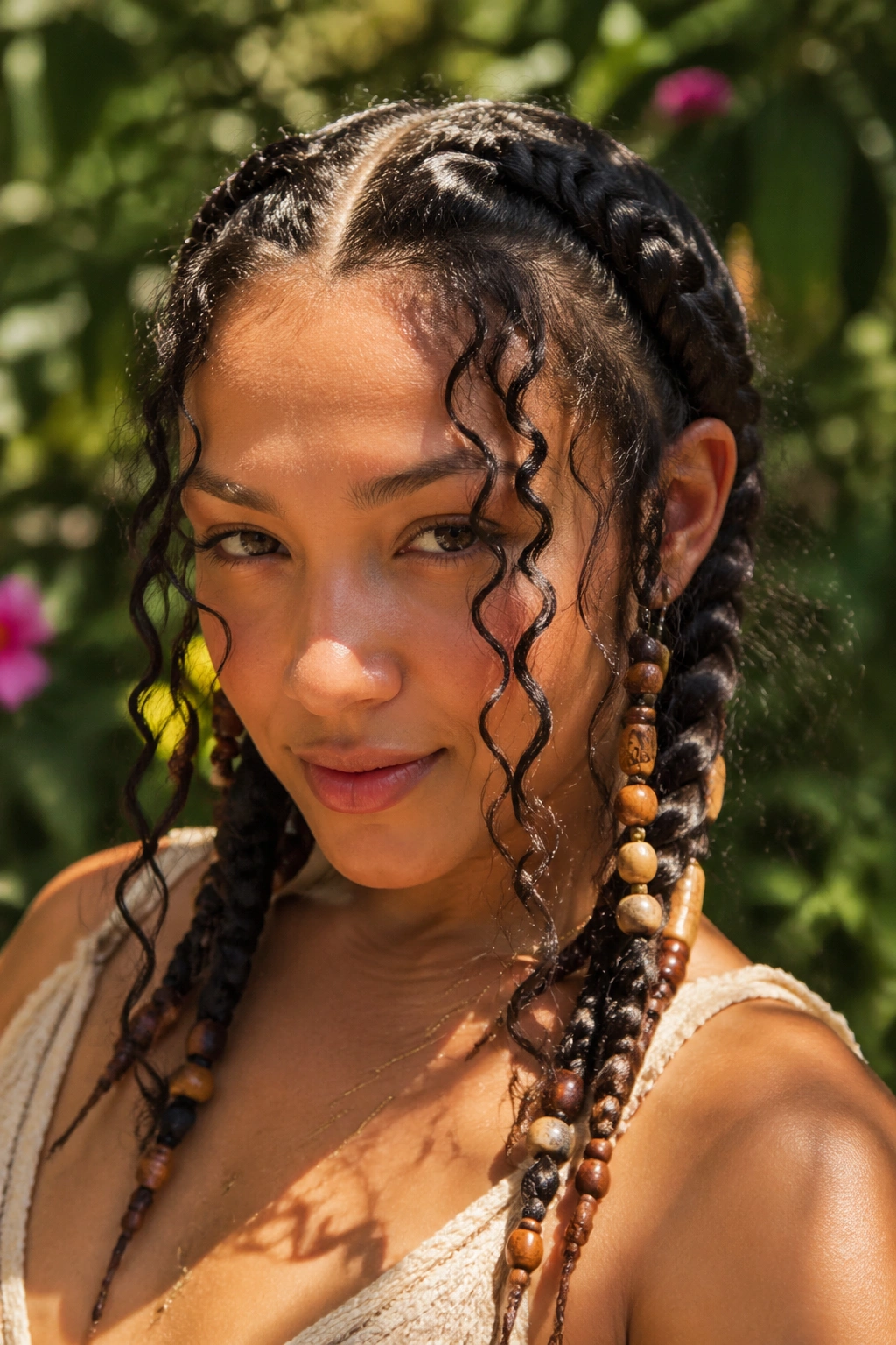 Boho goddess cornrows with curly wisps and beads in natural light.