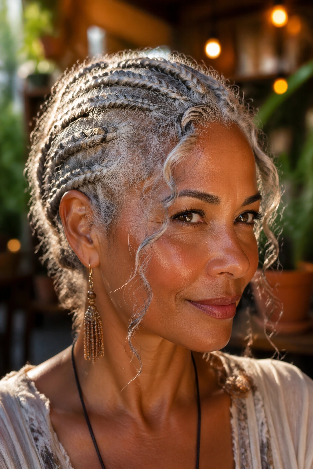 Close-up of boho gray cornrows with wispy curls around temples on a real person.