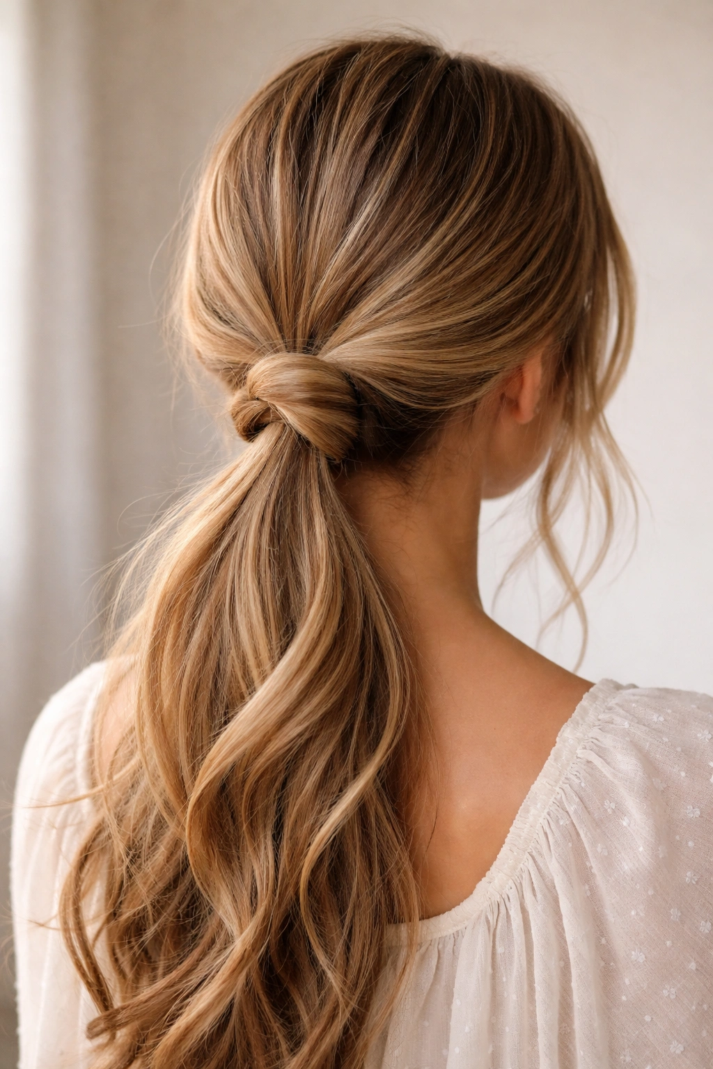 Low ponytail with a simple overhand knot at the nape