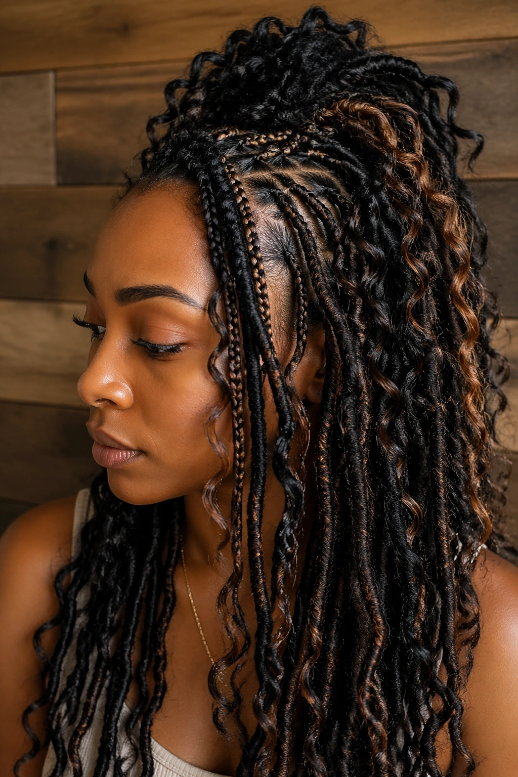 Real woman with braided loc sections and curl additions.