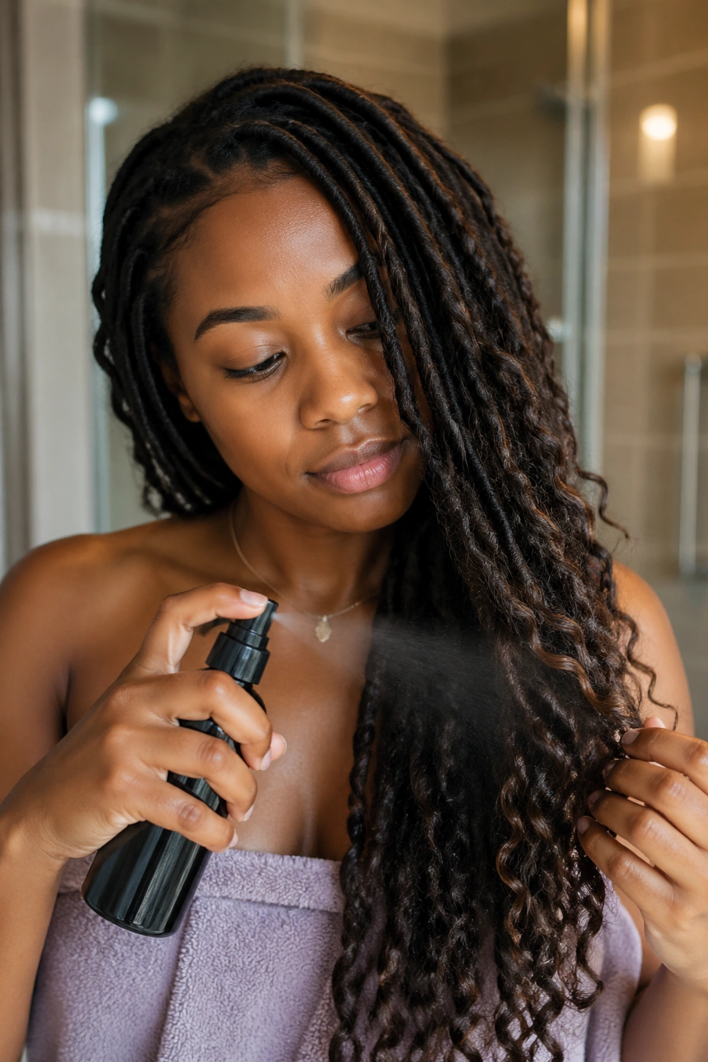 Real person lightly misting boho loc additions in a bathroom.