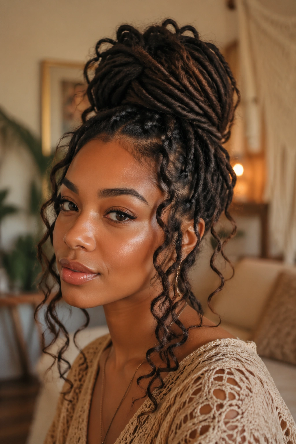 Close-up of a real woman with an updo of boho locs and curling tendrils.