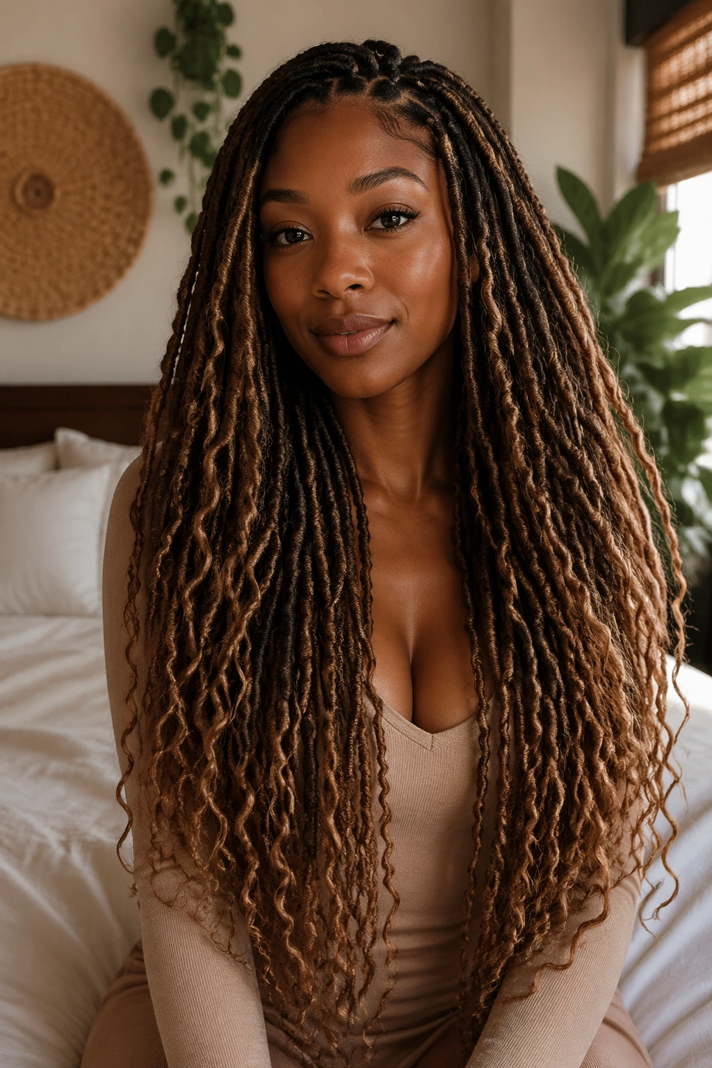 Close-up portrait of a real woman with waist-length boho curly faux locs cascading over shoulders in a softly lit bedroom