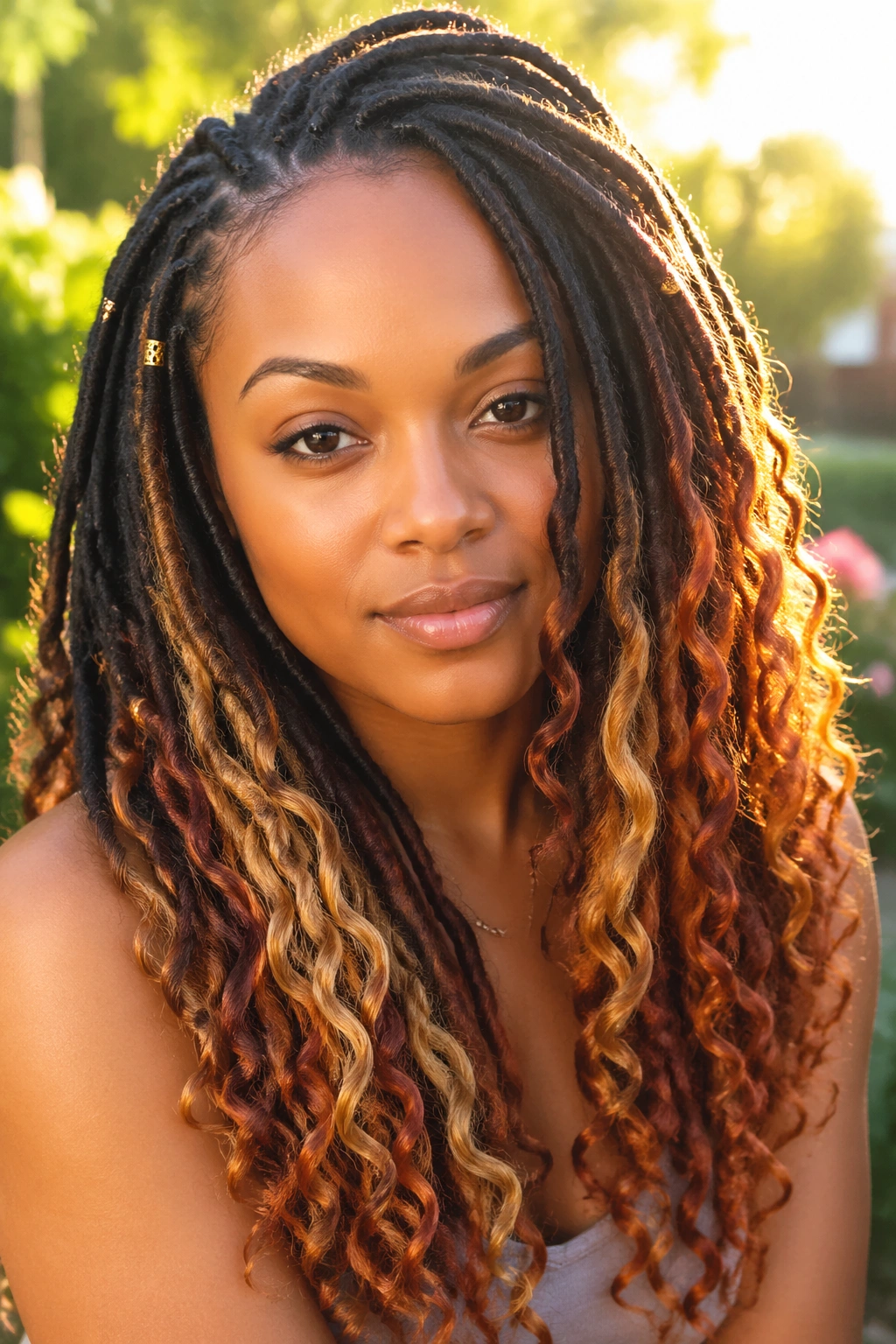 Close-up of a real woman with ombre and two-tone boho locs.