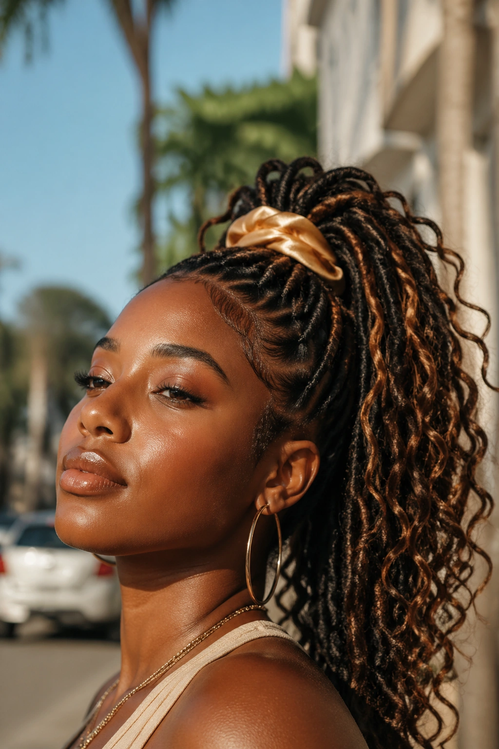 Real person with boho locs in a high ponytail.