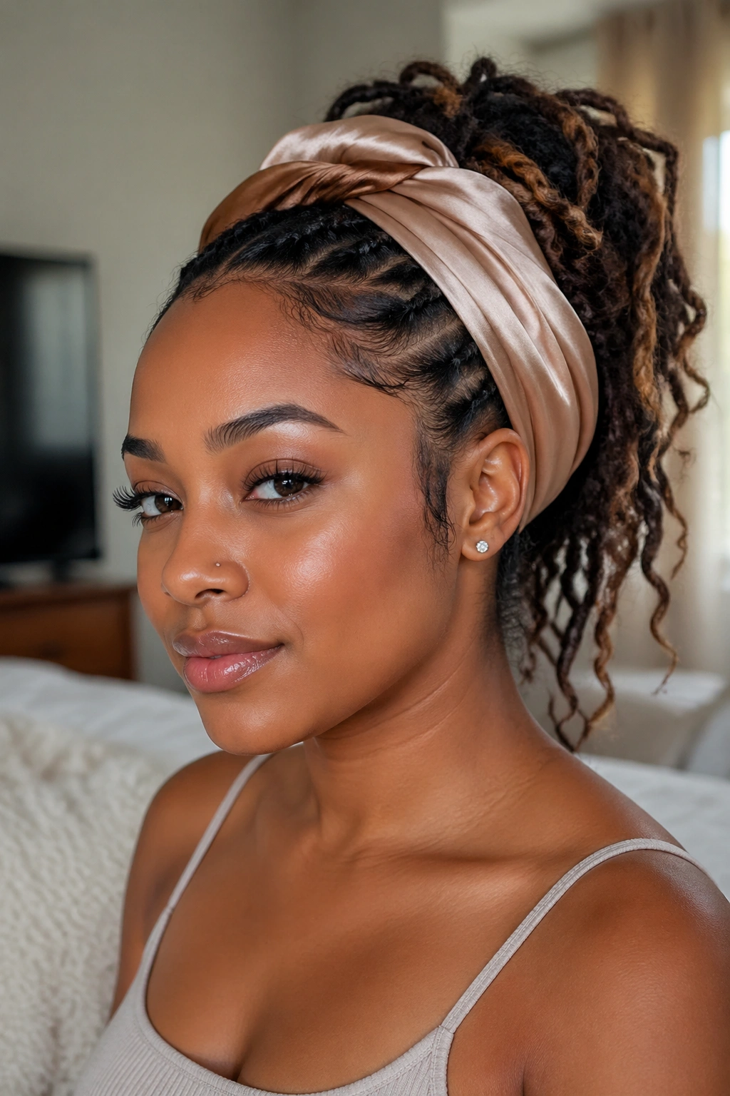 Medium close-up of a real woman with boho locs tied back with a satin wrap.