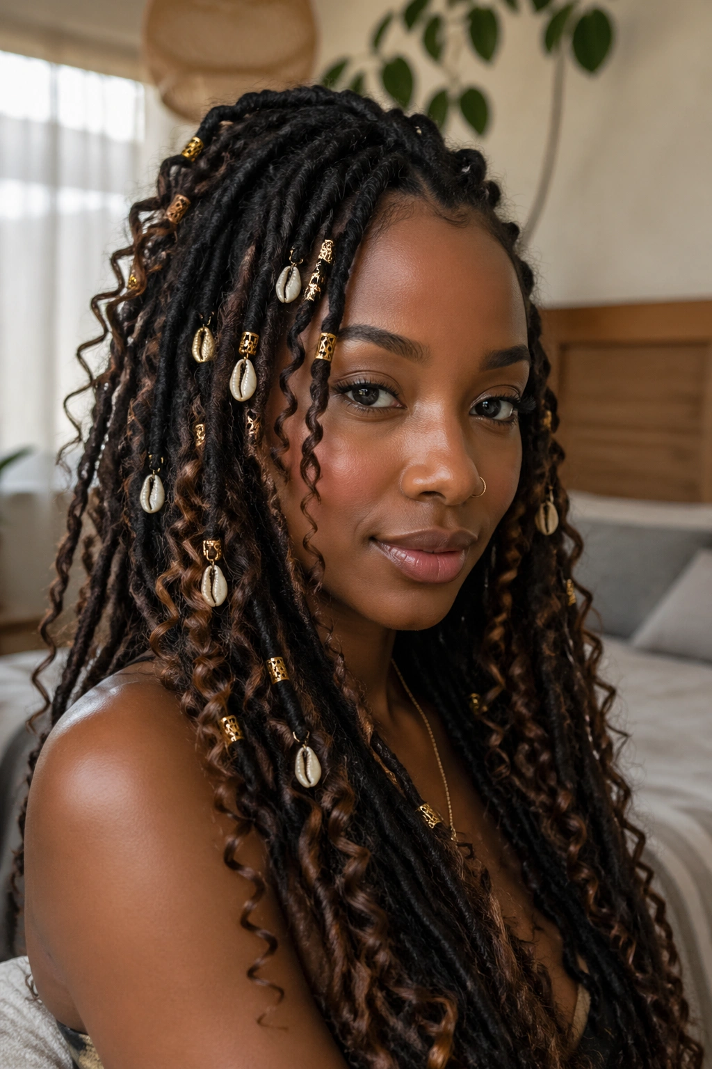 Close-up of a real woman wearing boho locs with gold rings and cowrie shells.