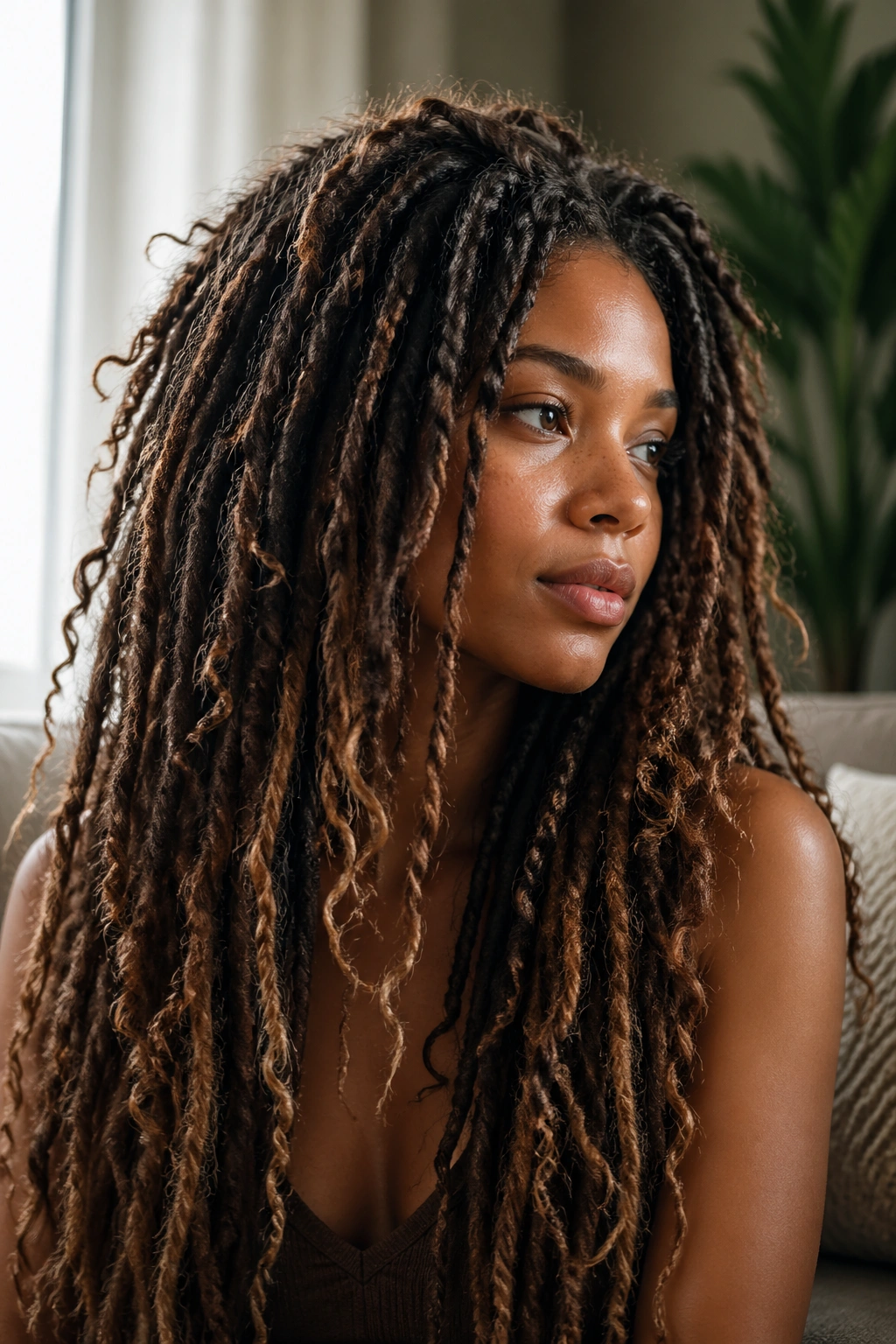 Close-up of a real woman with natural, unstructured boho locs.