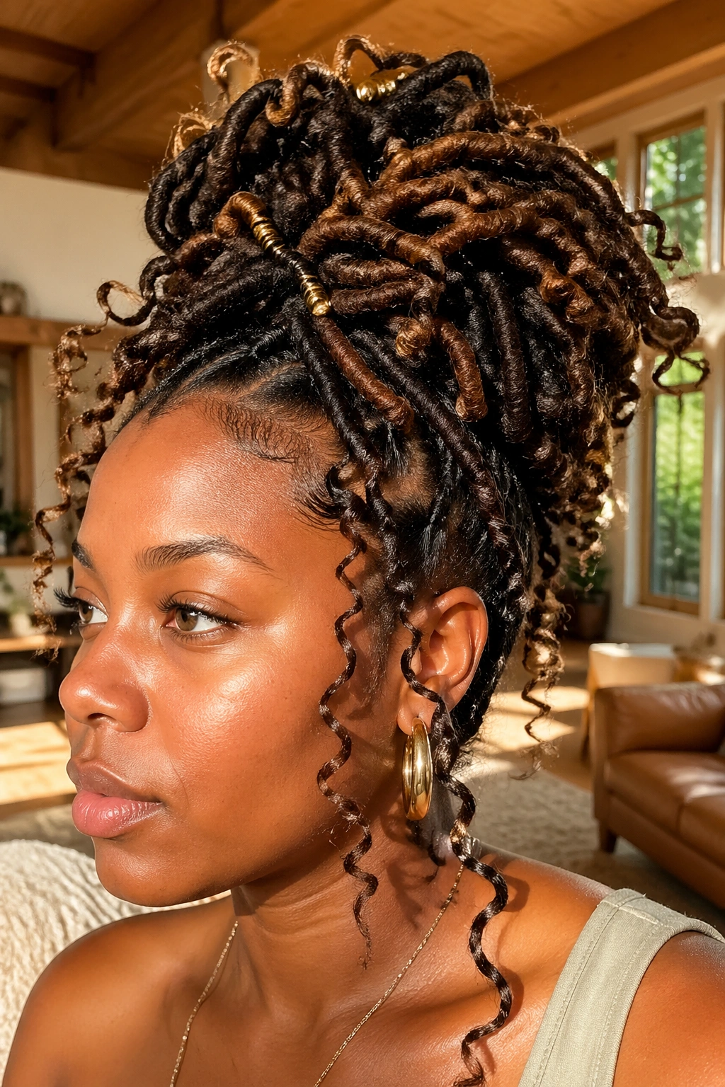 Real woman in a wrap-and-pin boho loc updo.