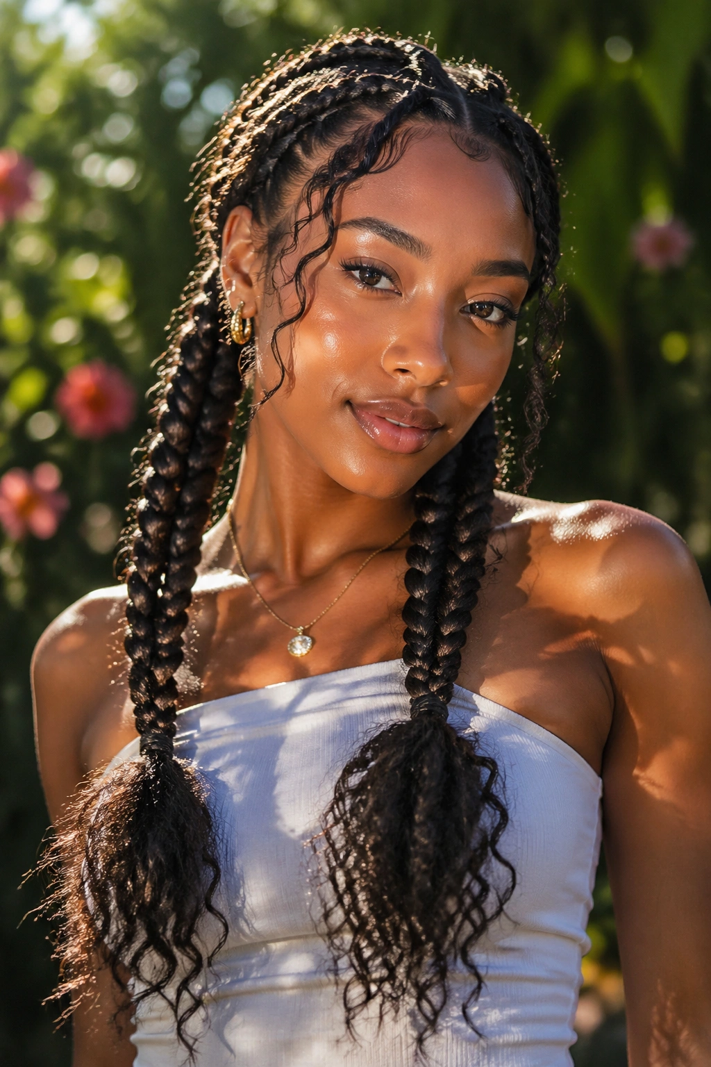 Close-up of a real woman with boho loose-end twin braids in a sunny garden.