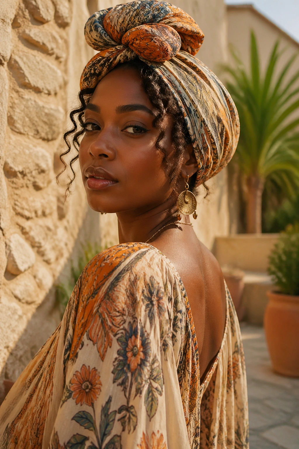 Portrait of a woman in a boho maxi dress with headwrap in sunlit outdoor courtyard
