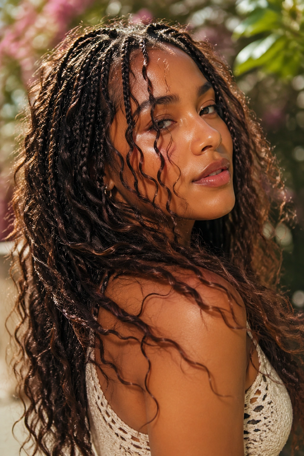 Close-up of bohemian mini braids with loose curls in natural light