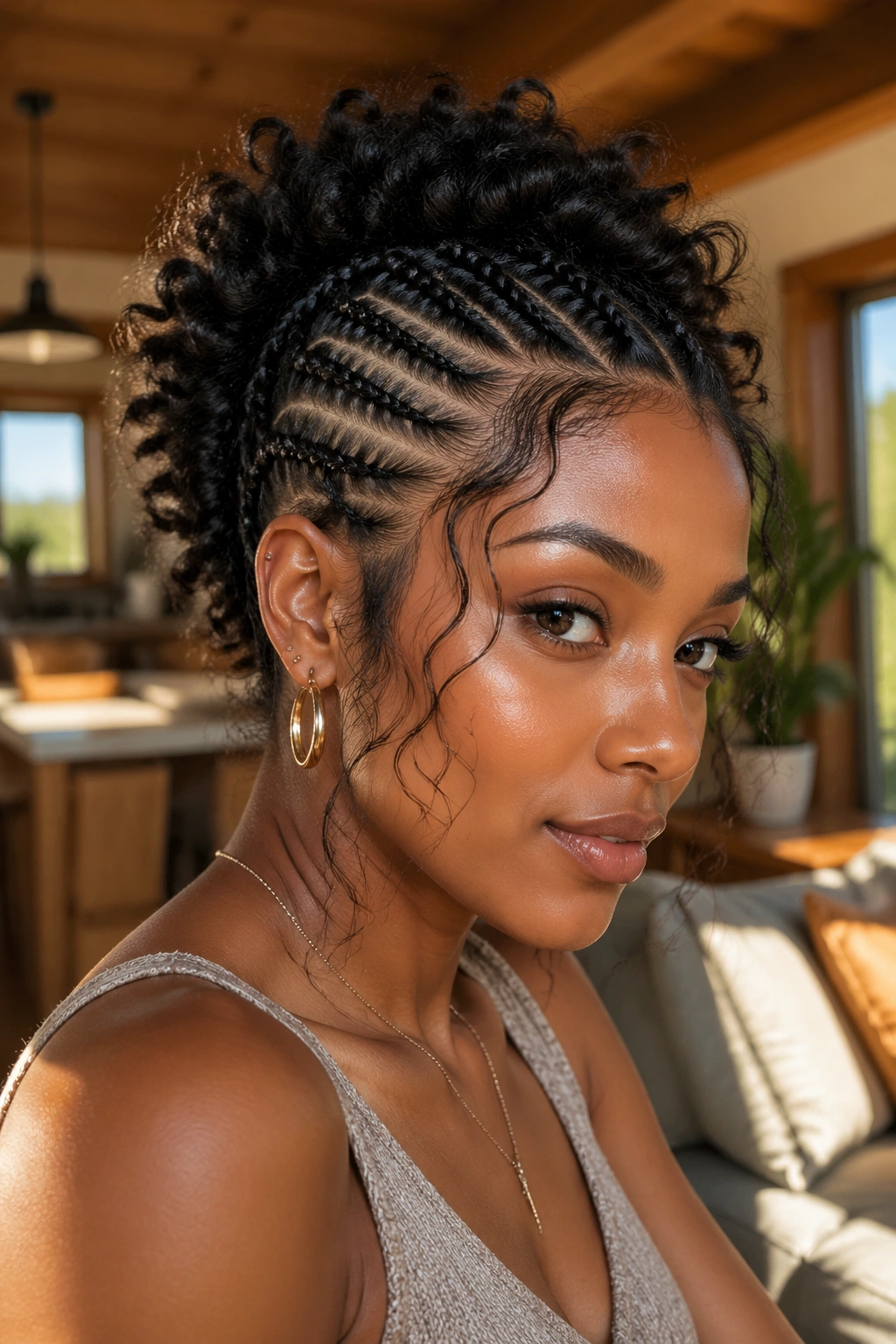 Portrait of a real woman with a bozho mohawk and loose temple tendrils in natural light